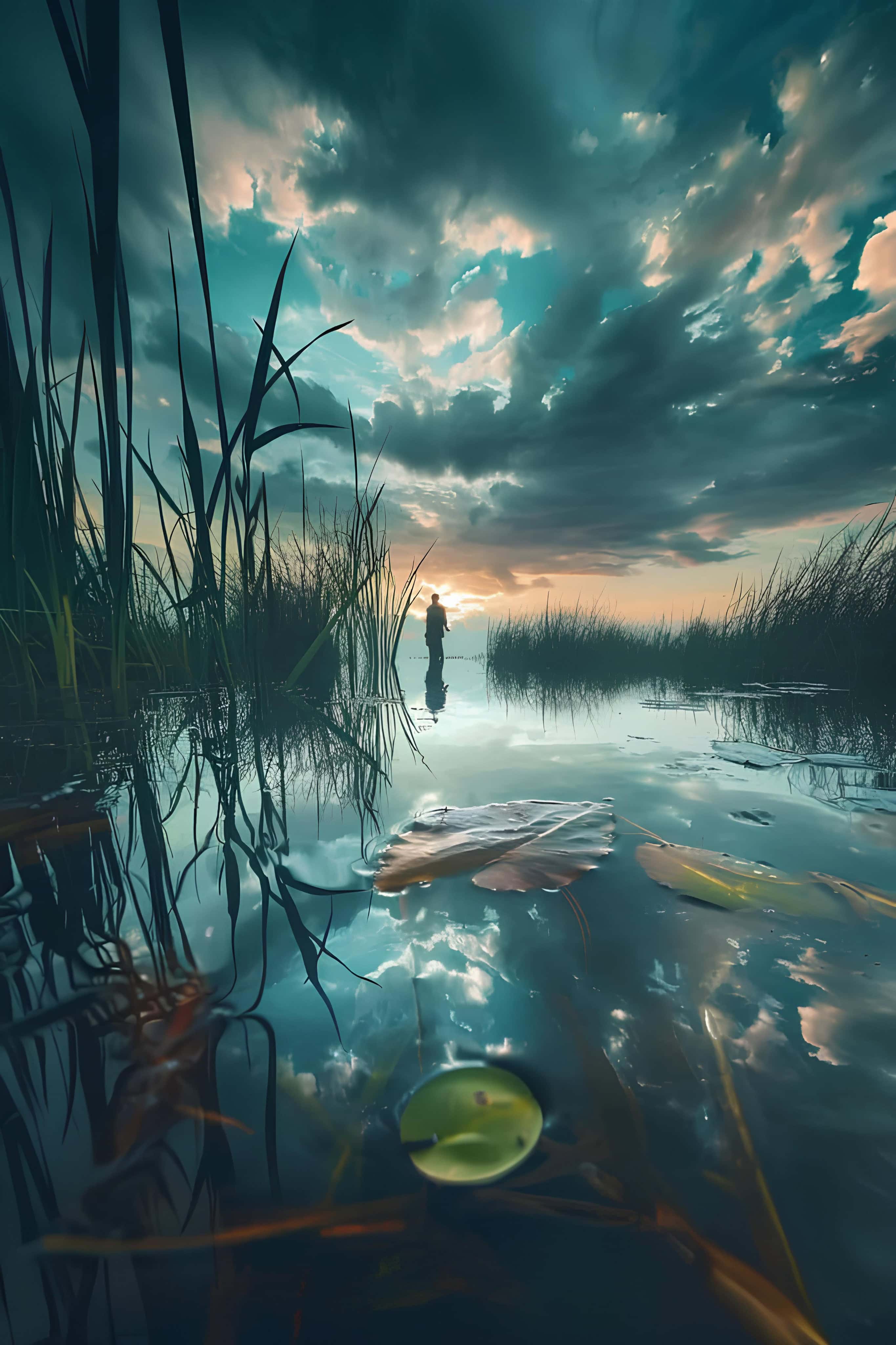 Fisherman Reflection in Wetlands Fisherman silhouette reflected in tranquil wetland at sunset