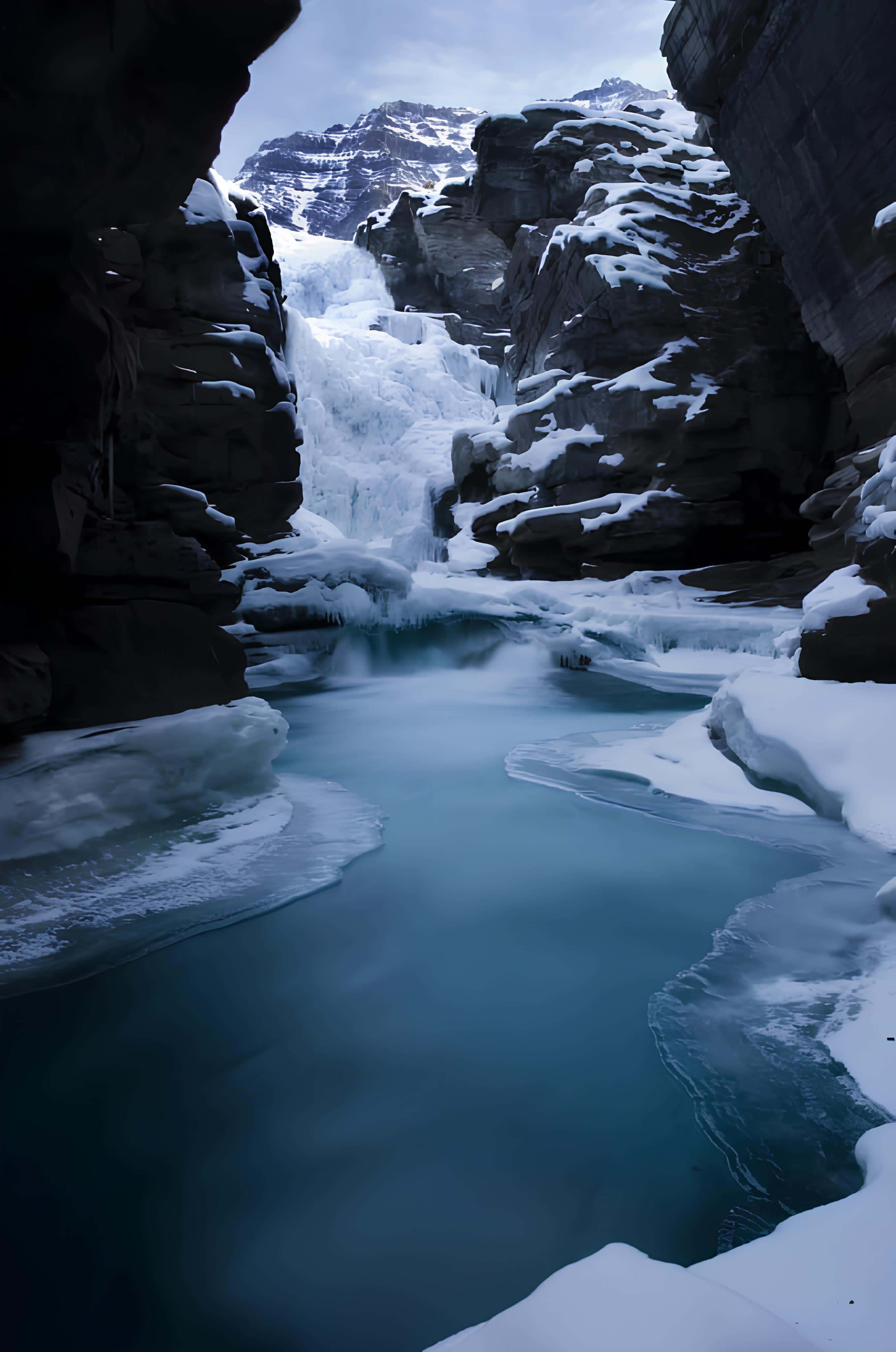 Frozen River in Icy Canyon Frozen canyon river and icy waterfall with snow-capped cliffs