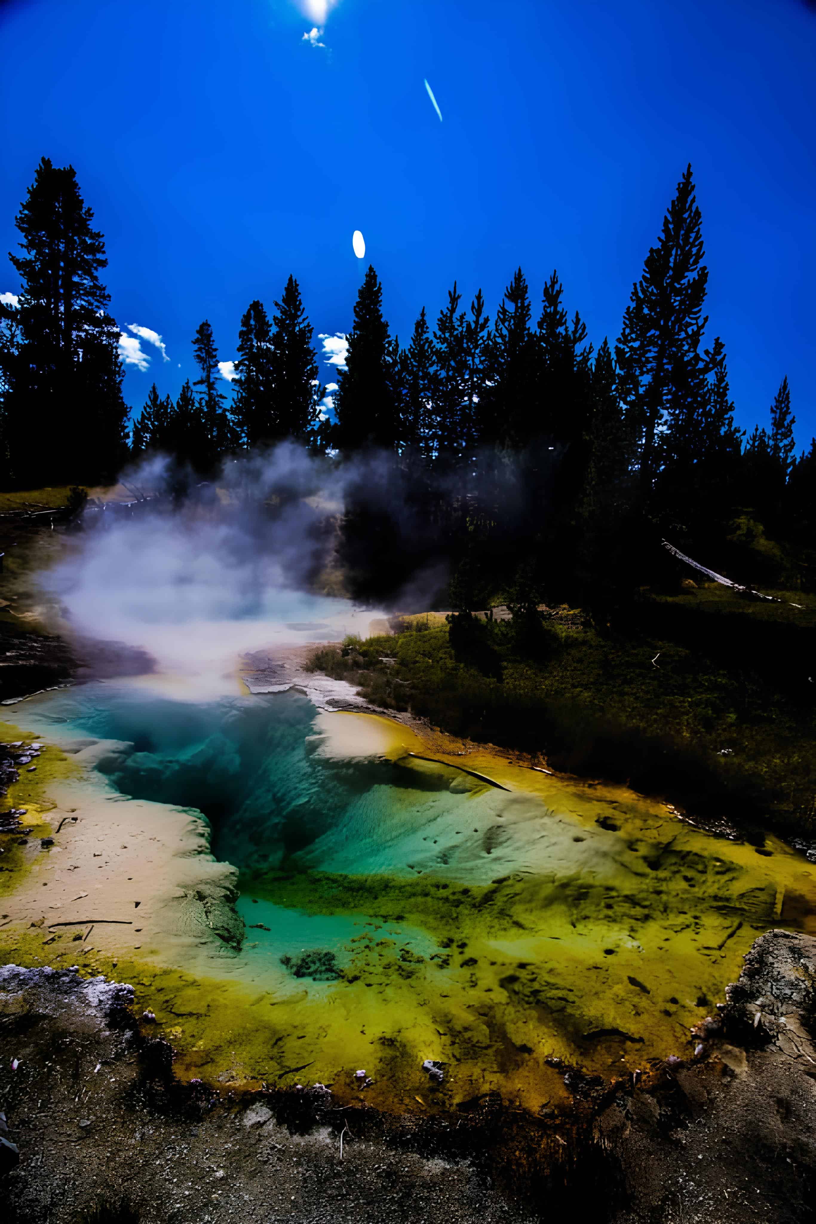 Geothermal Pool with Vivid Colors Colorful hot spring with steam rising under bright blue sky