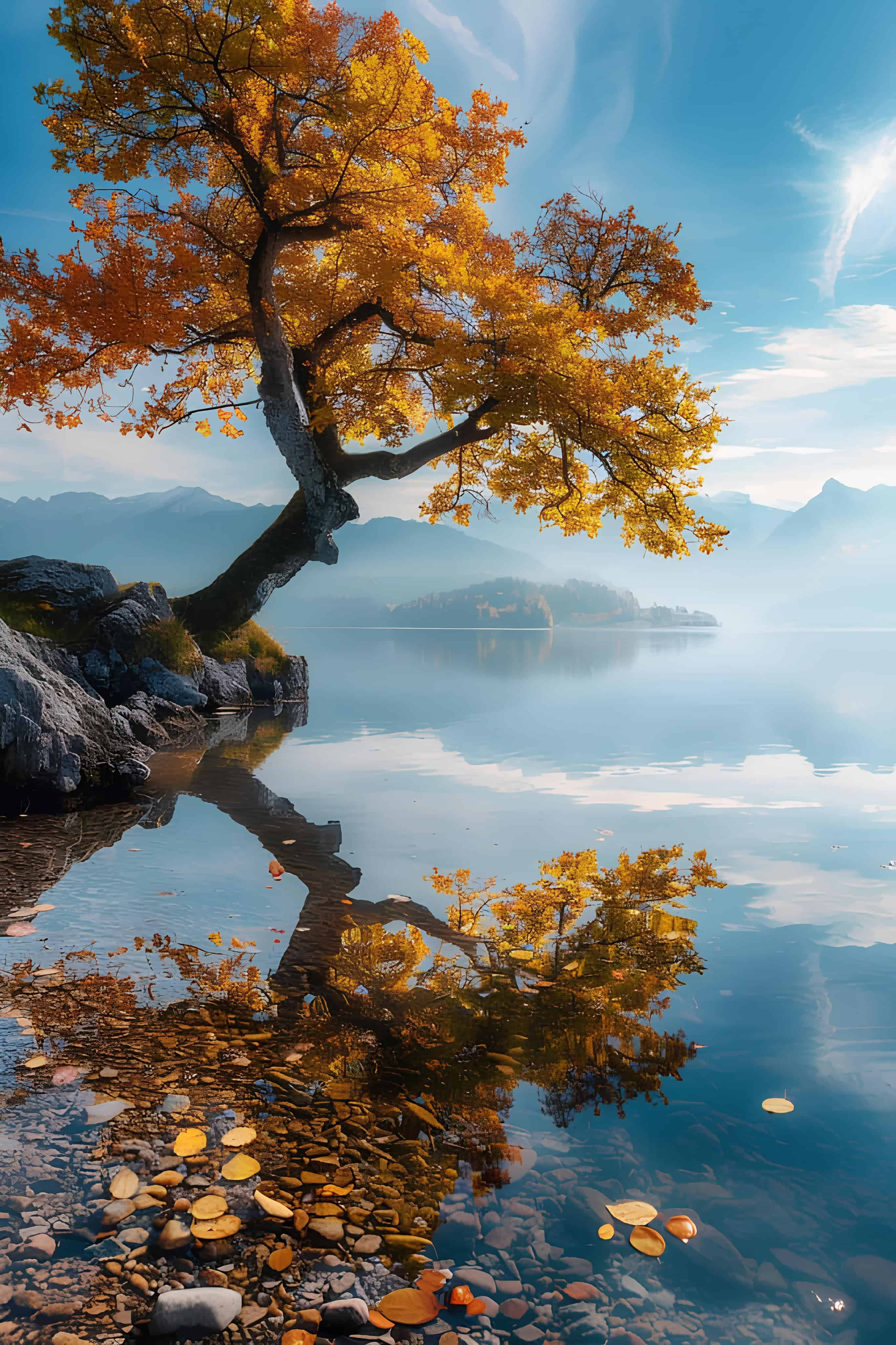 Golden Autumn Tree by Lake Golden autumn tree arching over a serene reflective lake