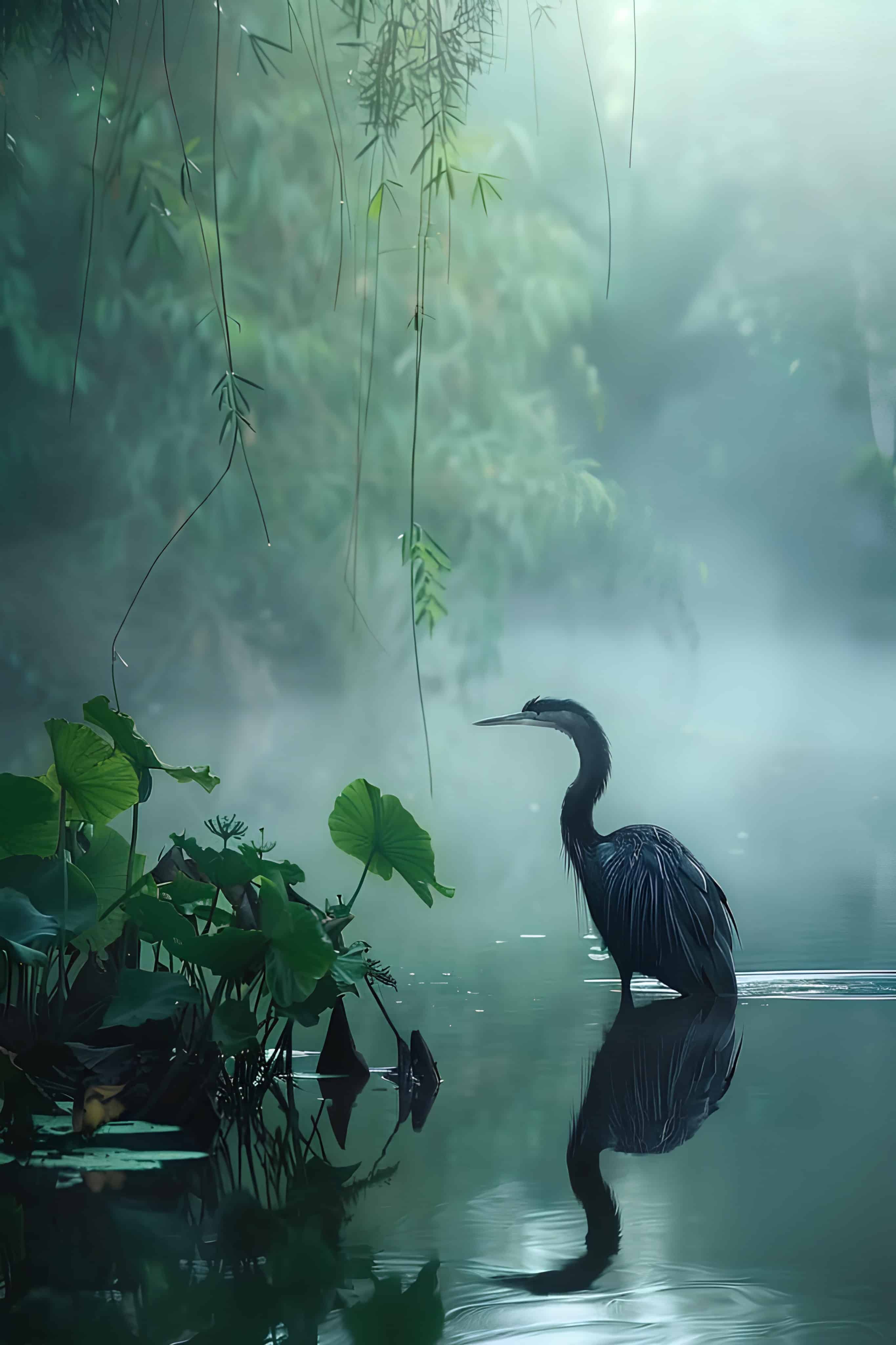 Heron in Misty River Heron standing silently in a serene, mist-covered river