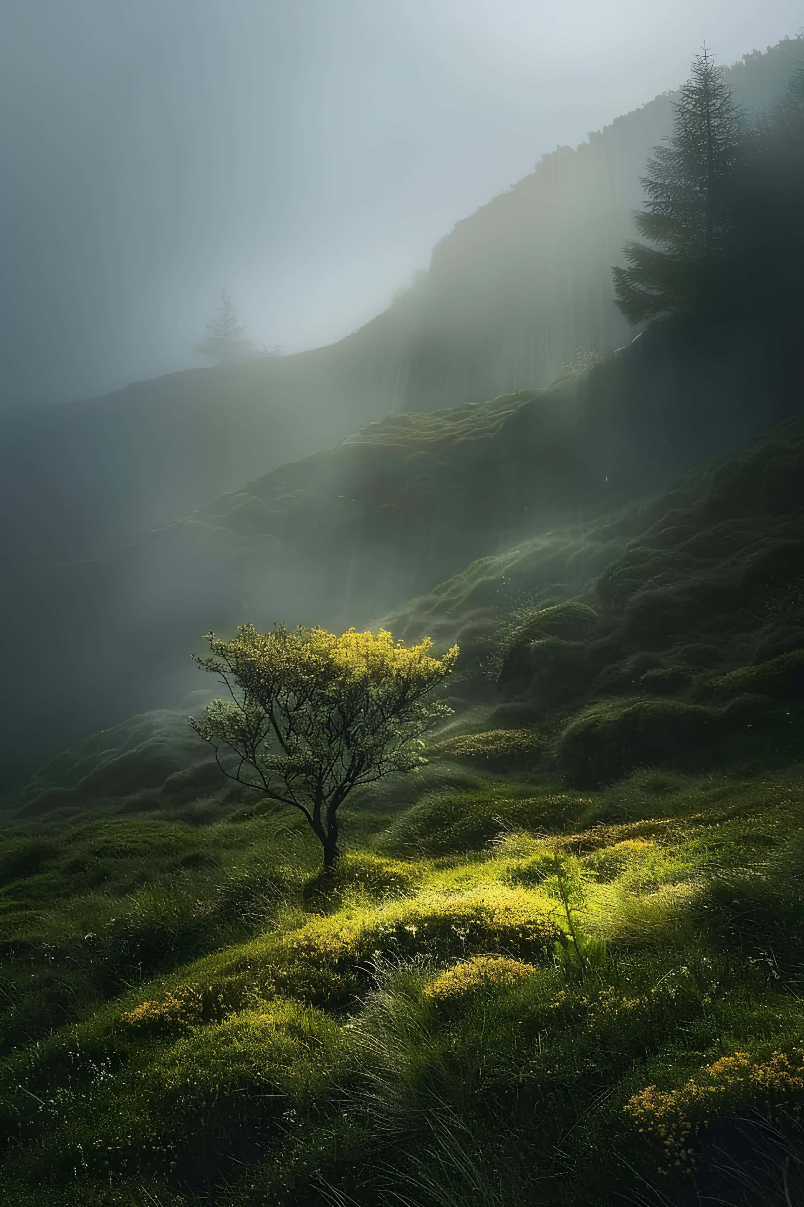 Lonely Tree on Sunny Mossy Hill Single tree glowing under beams of light on a mossy hill