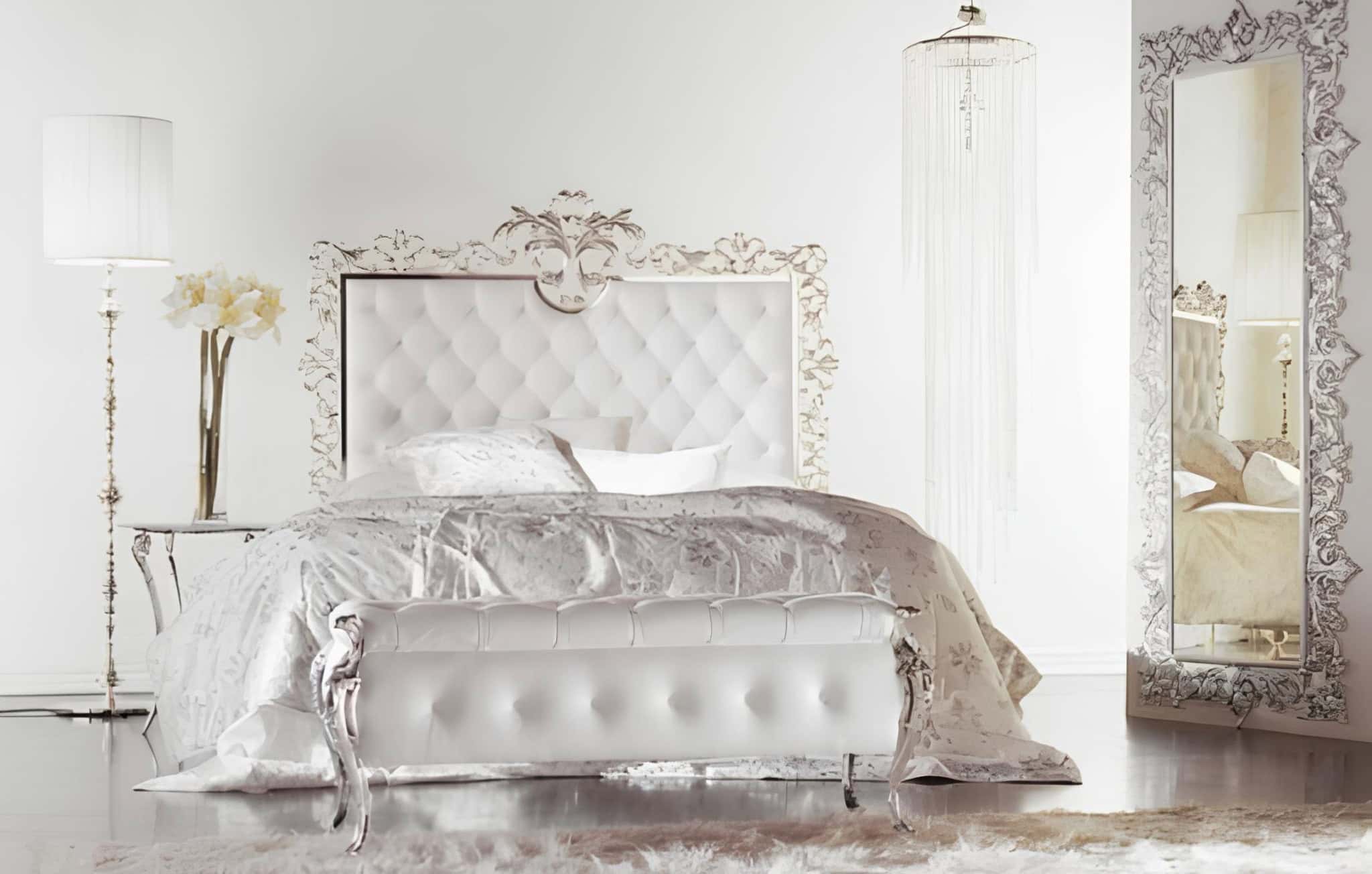 Luxury Baroque White Bedroom with Tufted Headboard Glamorous white bedroom with ornate tufted headboard and silver accents