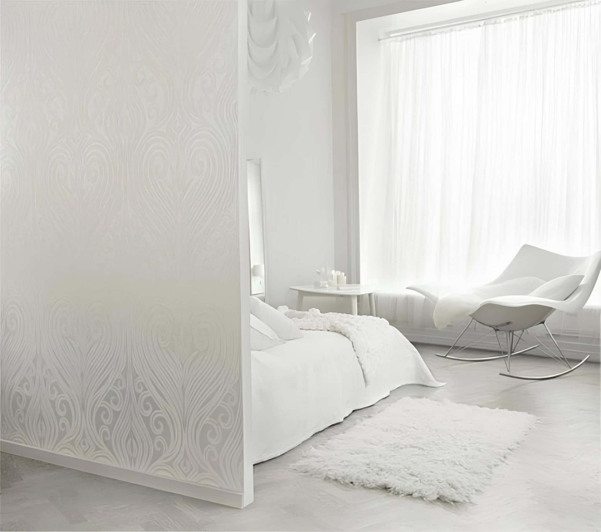 Luxury Minimal White Bedroom with Rocking Chair All-white luxury bedroom with sculptural wall, plush rug and rocking chair