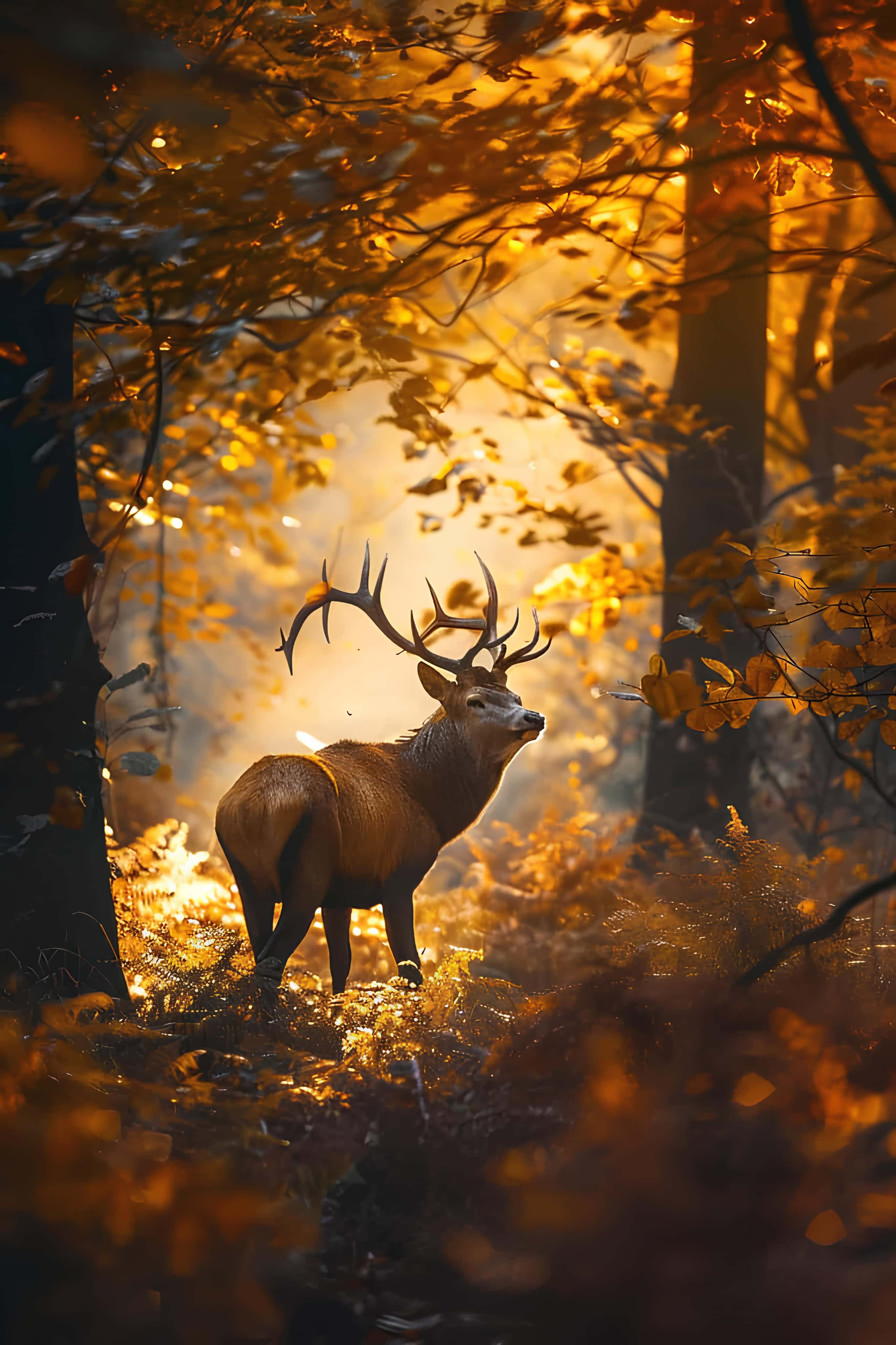 Majestic Stag in Autumn Forest Regal deer standing in glowing autumn foliage