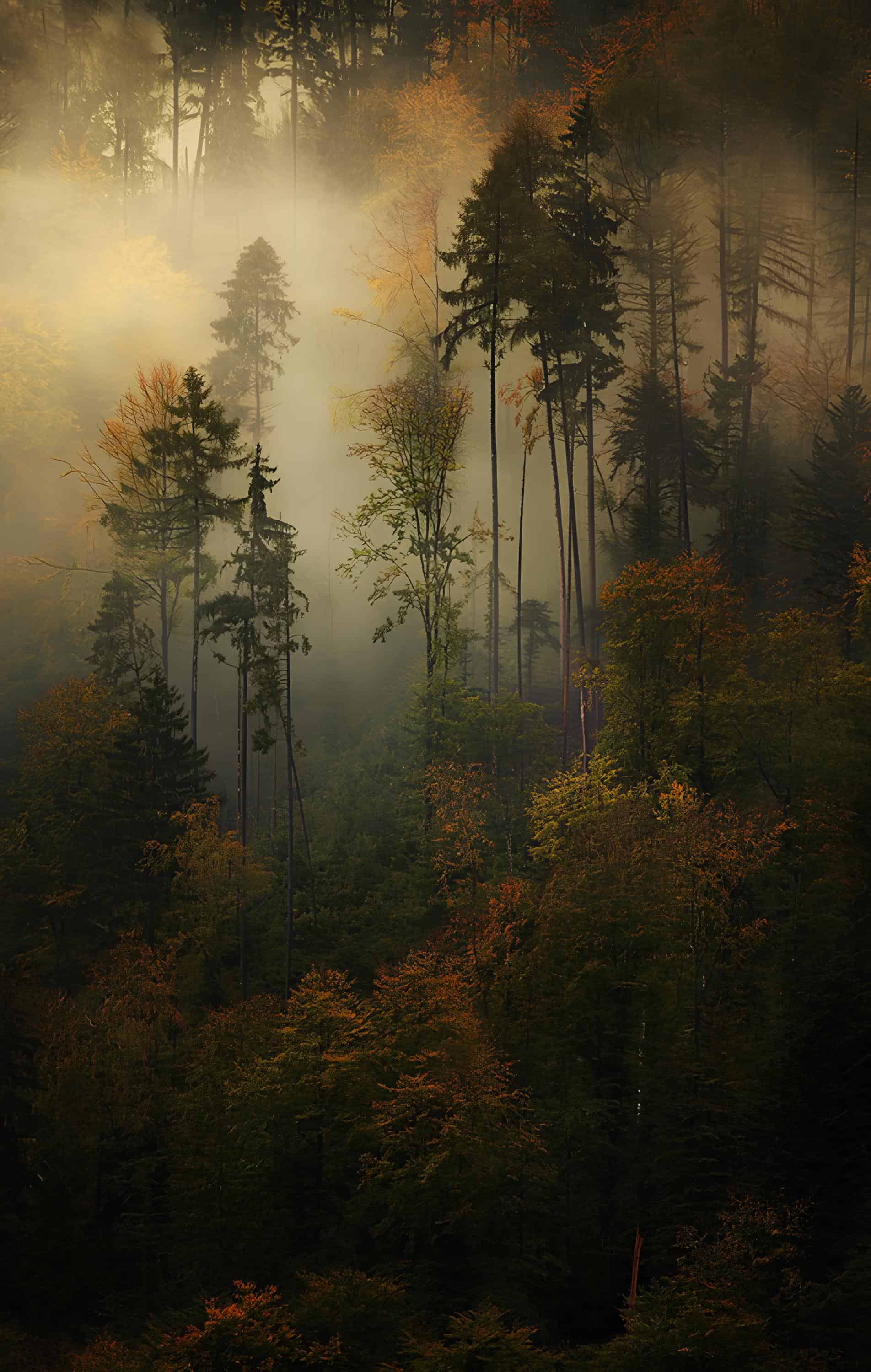 Misty Autumn Forest with Tall Pines Foggy autumn forest with colorful foliage and tall pine trees