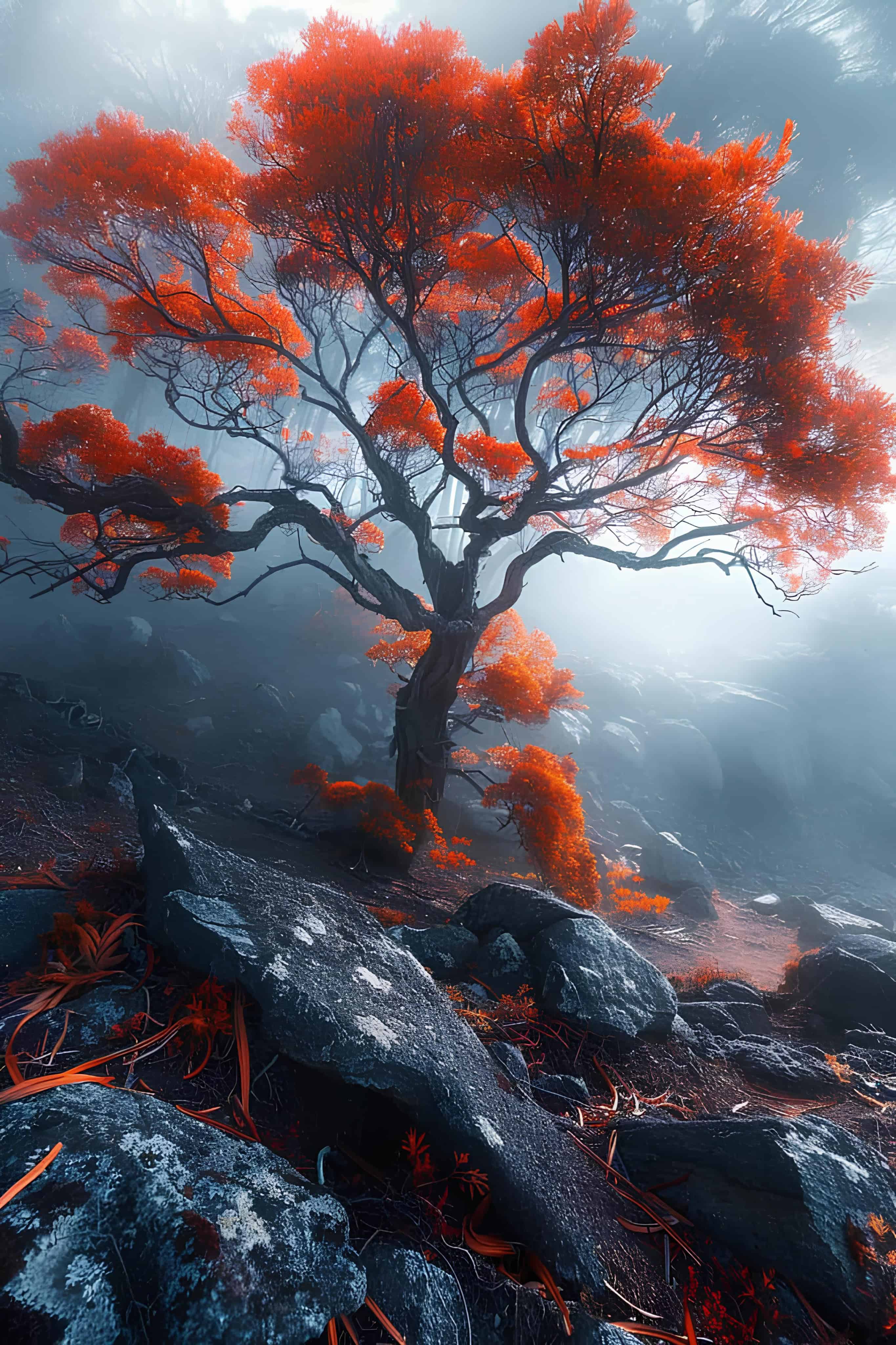 Misty Red Tree in Foggy Forest Twisted red-leaf tree standing in a dreamy, fog-drenched forest