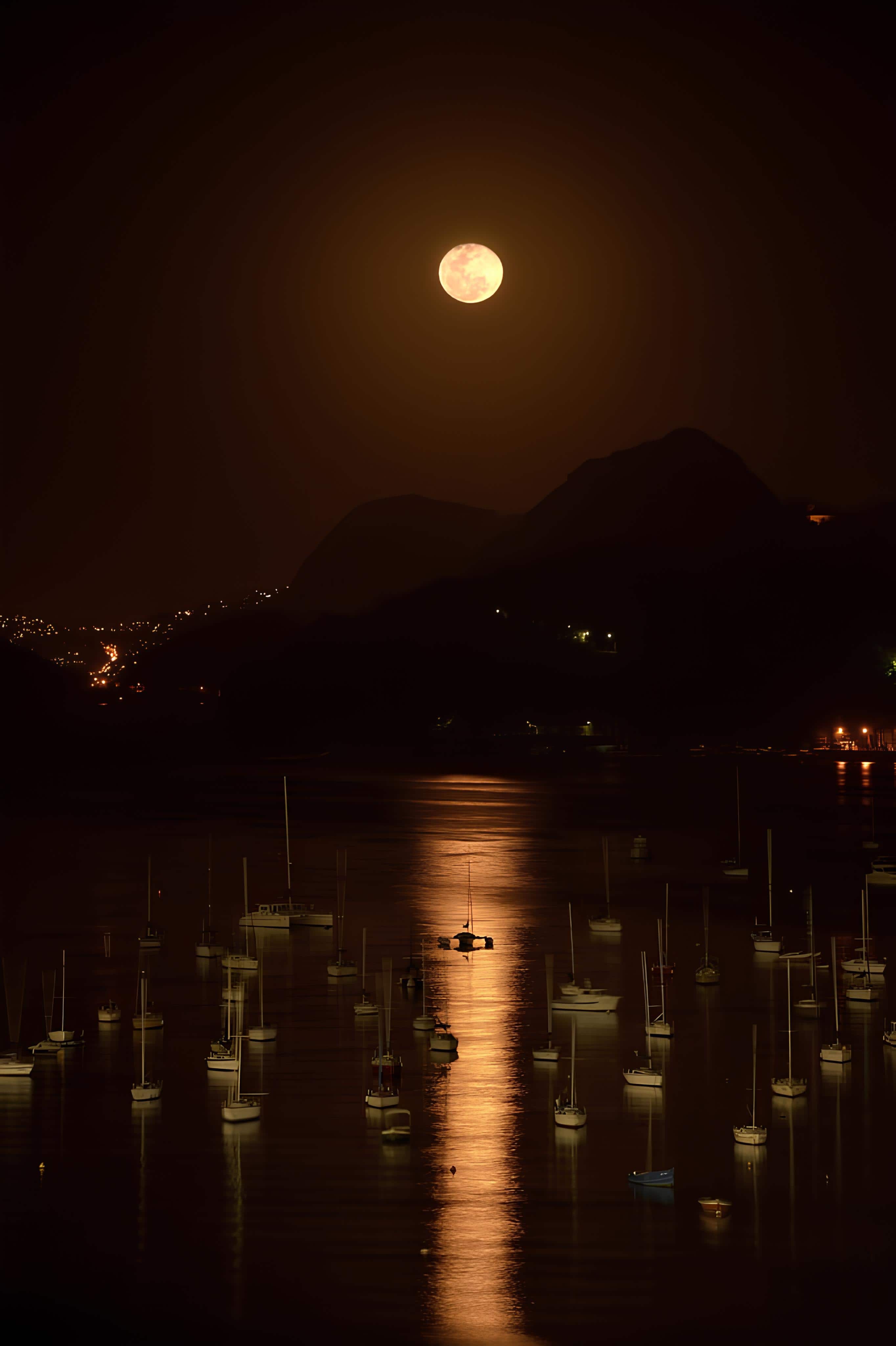 Moonlit Harbor with Reflections Full moon reflecting on water with boats floating in a calm harbor