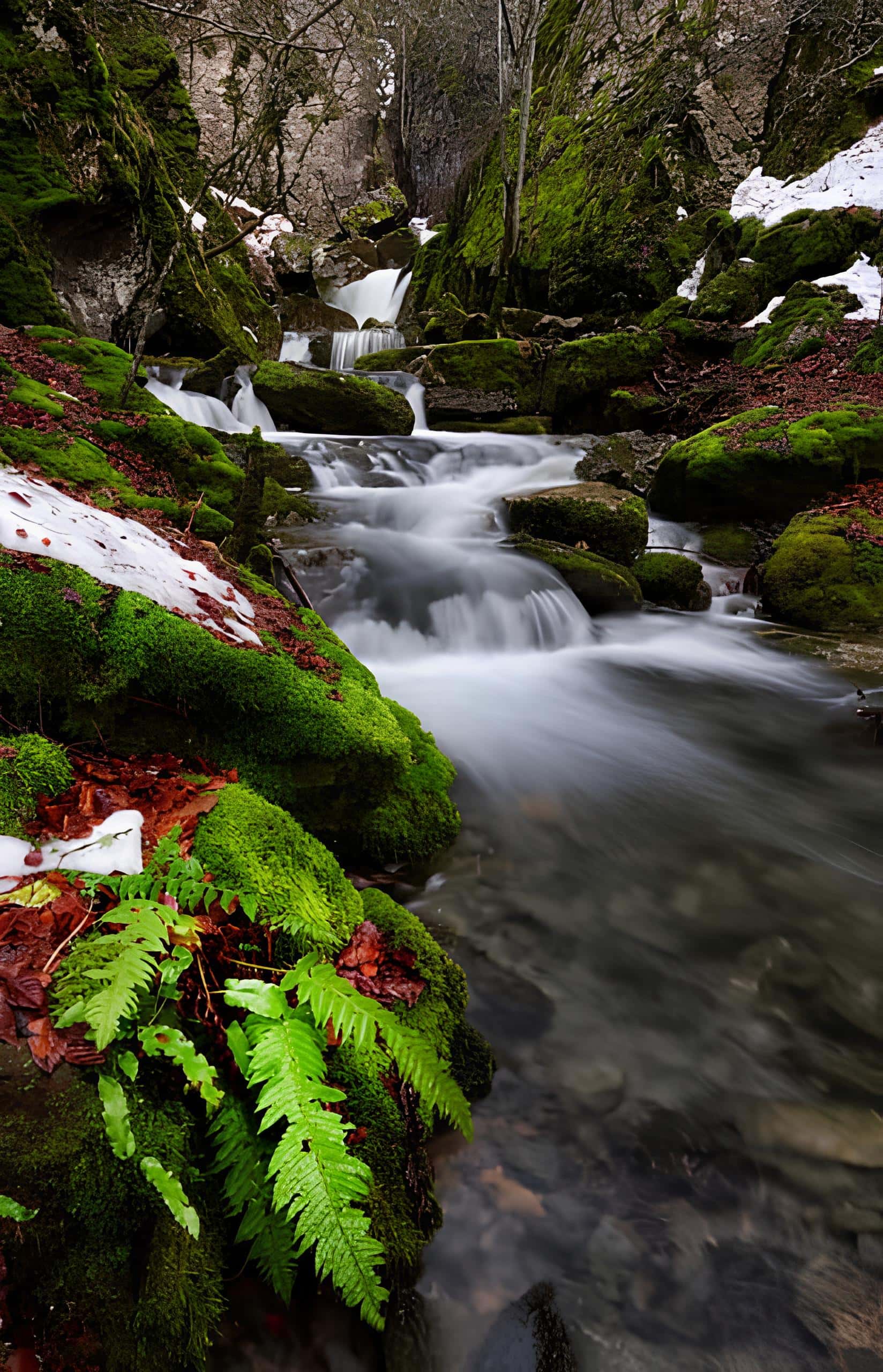 Mossy Creek with Waterfall Stream with small waterfalls flowing over mossy rocks