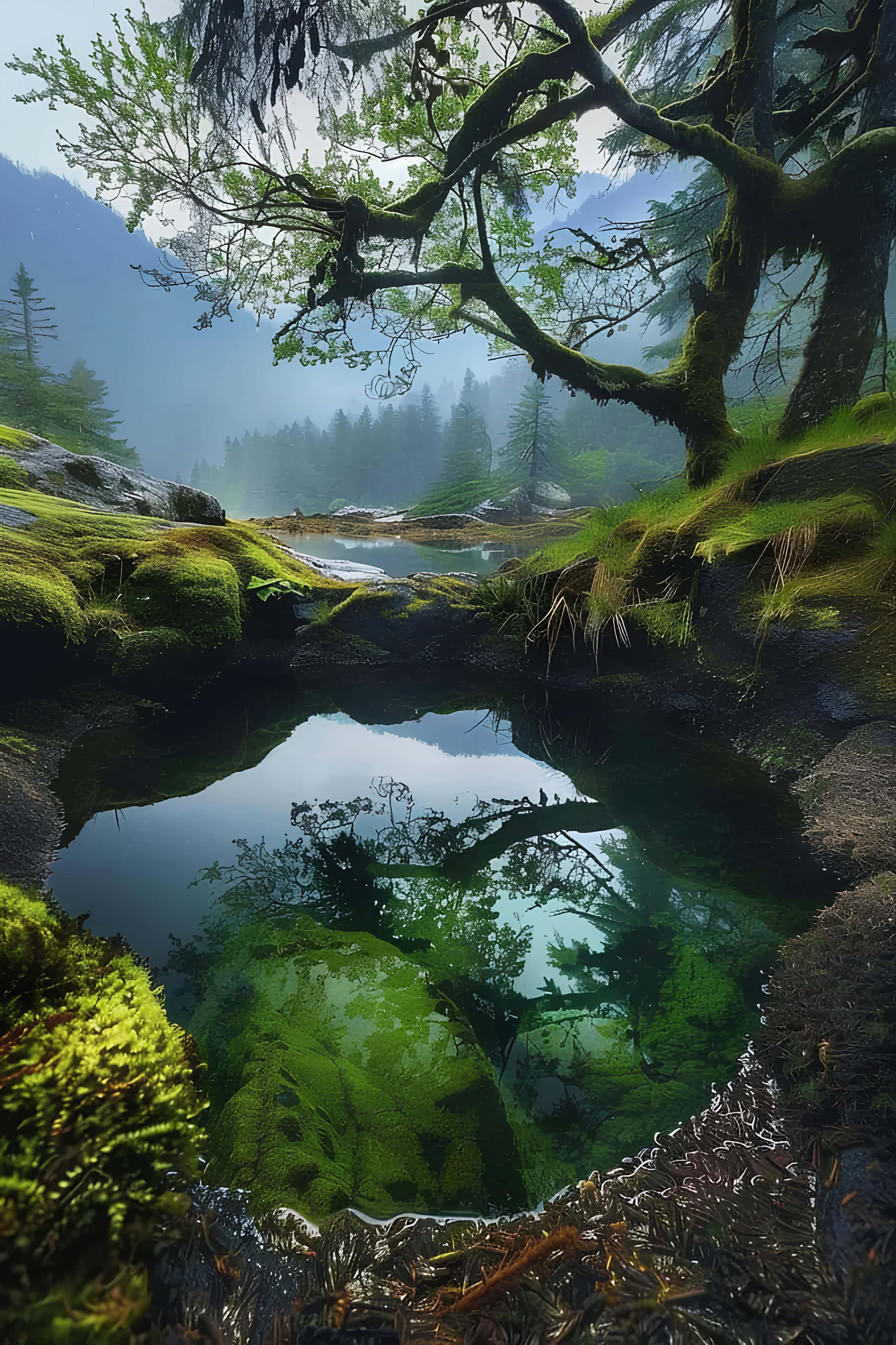 Mossy Lake Reflection in Mountains Green forest reflected in a hidden mountain pond