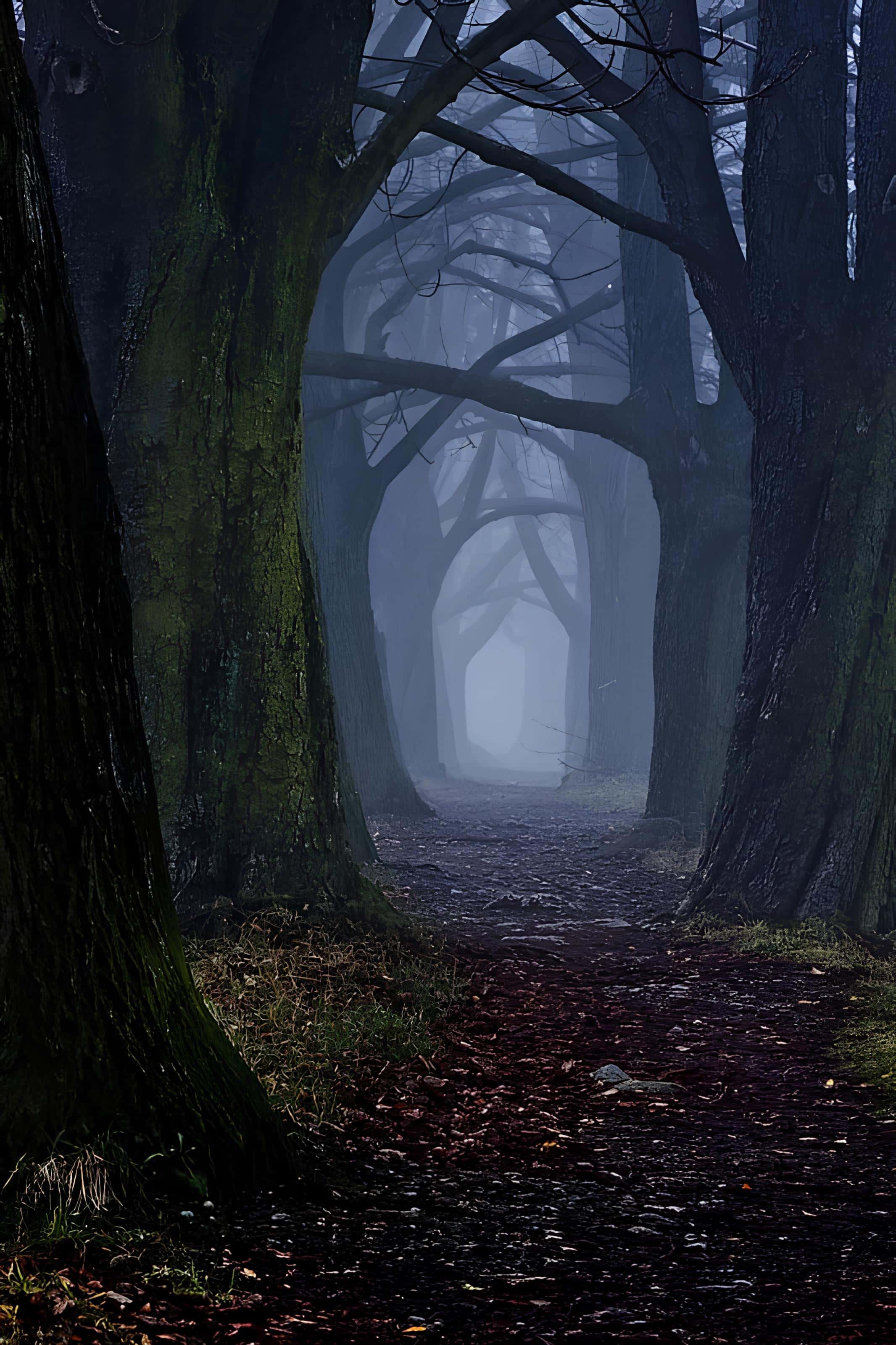 Mystic Forest Path with Fog Curved forest trail disappearing into dense fog among old trees