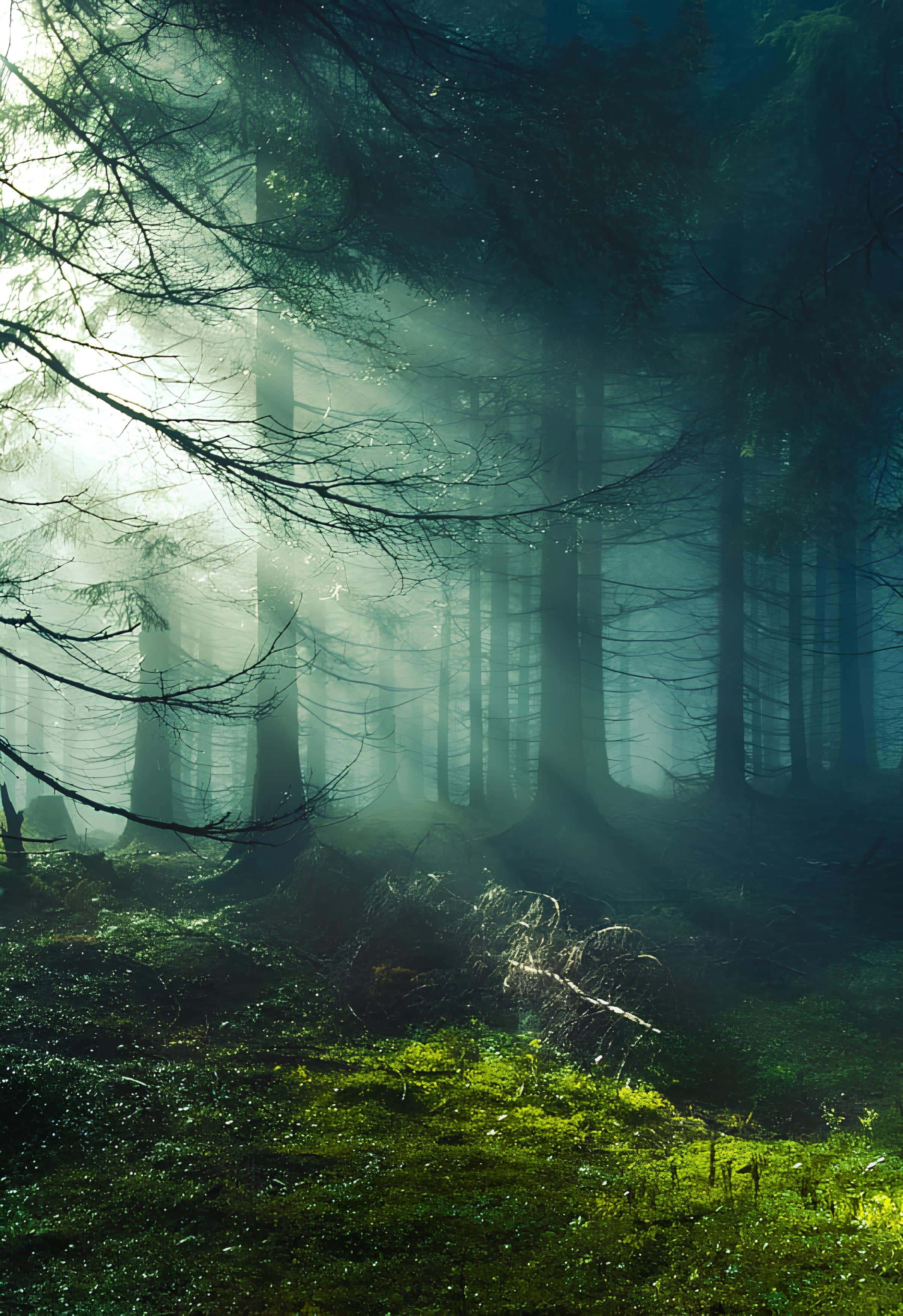 Mystical Light in Evergreen Forest Soft rays of light illuminating the misty pine forest