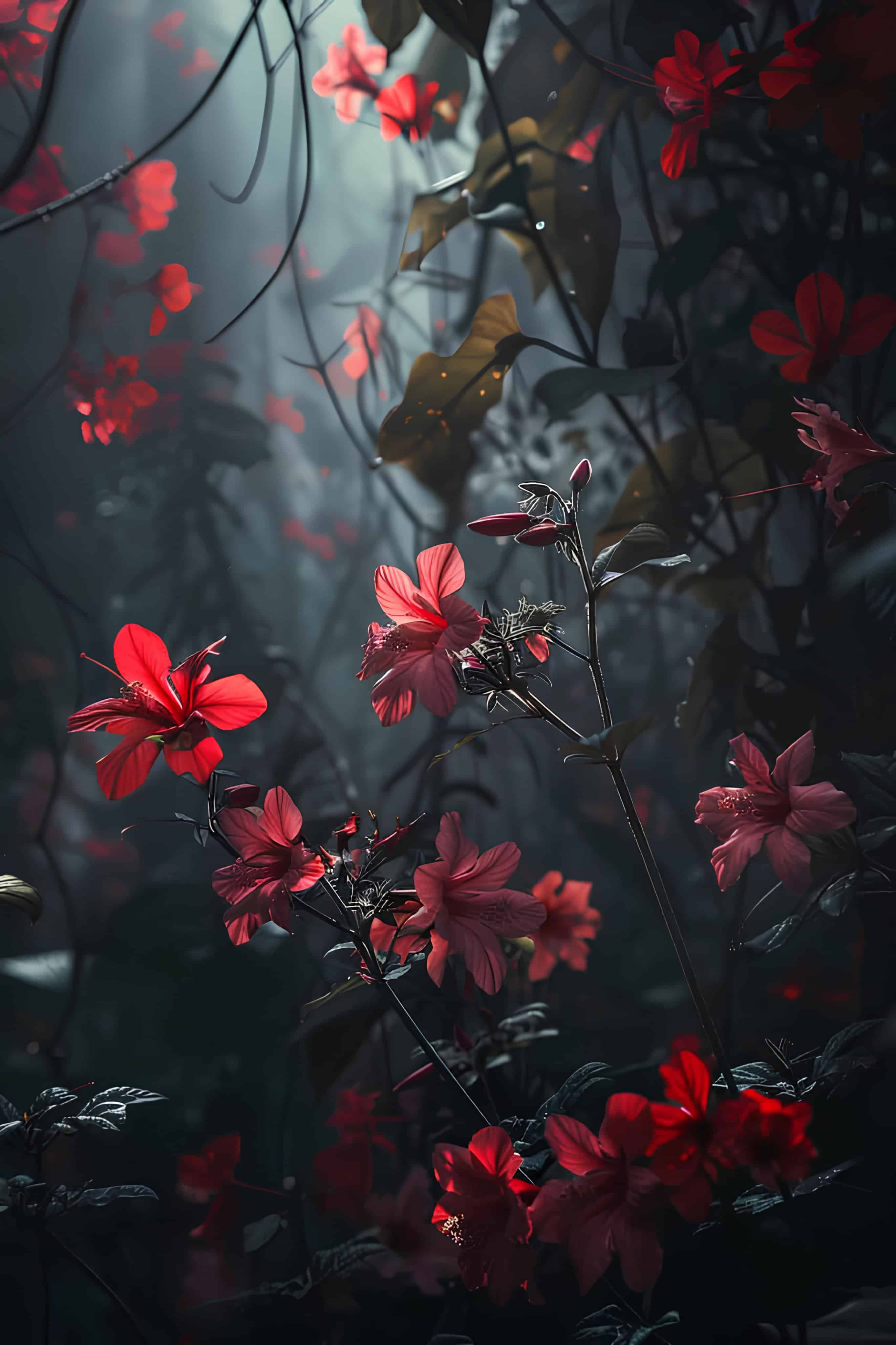 Red Flowers in Shadowy Forest Delicate red blossoms blooming in a dimly lit forest