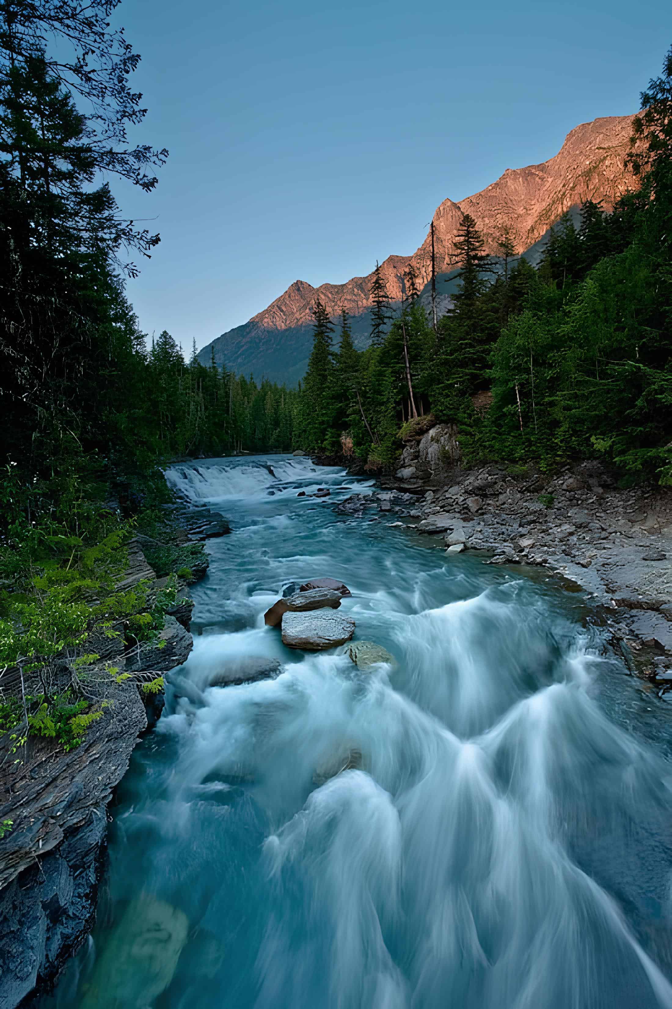Rushing River in Mountain Valley River with fast-flowing water winding through a pine valley with mountain peaks