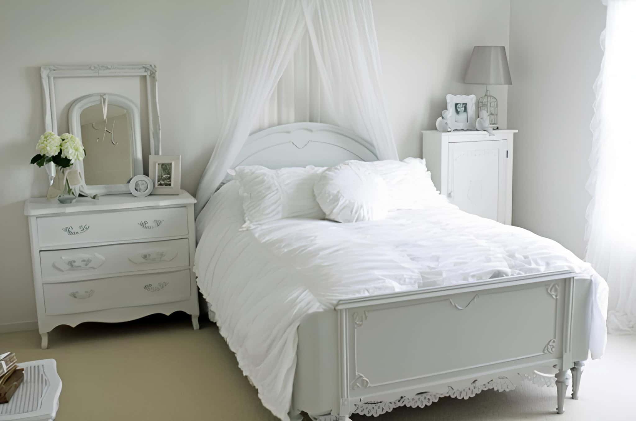 Shabby Chic Bedroom with White Draped Canopy White bedroom with round pillow, shabby chic details and draped canopy