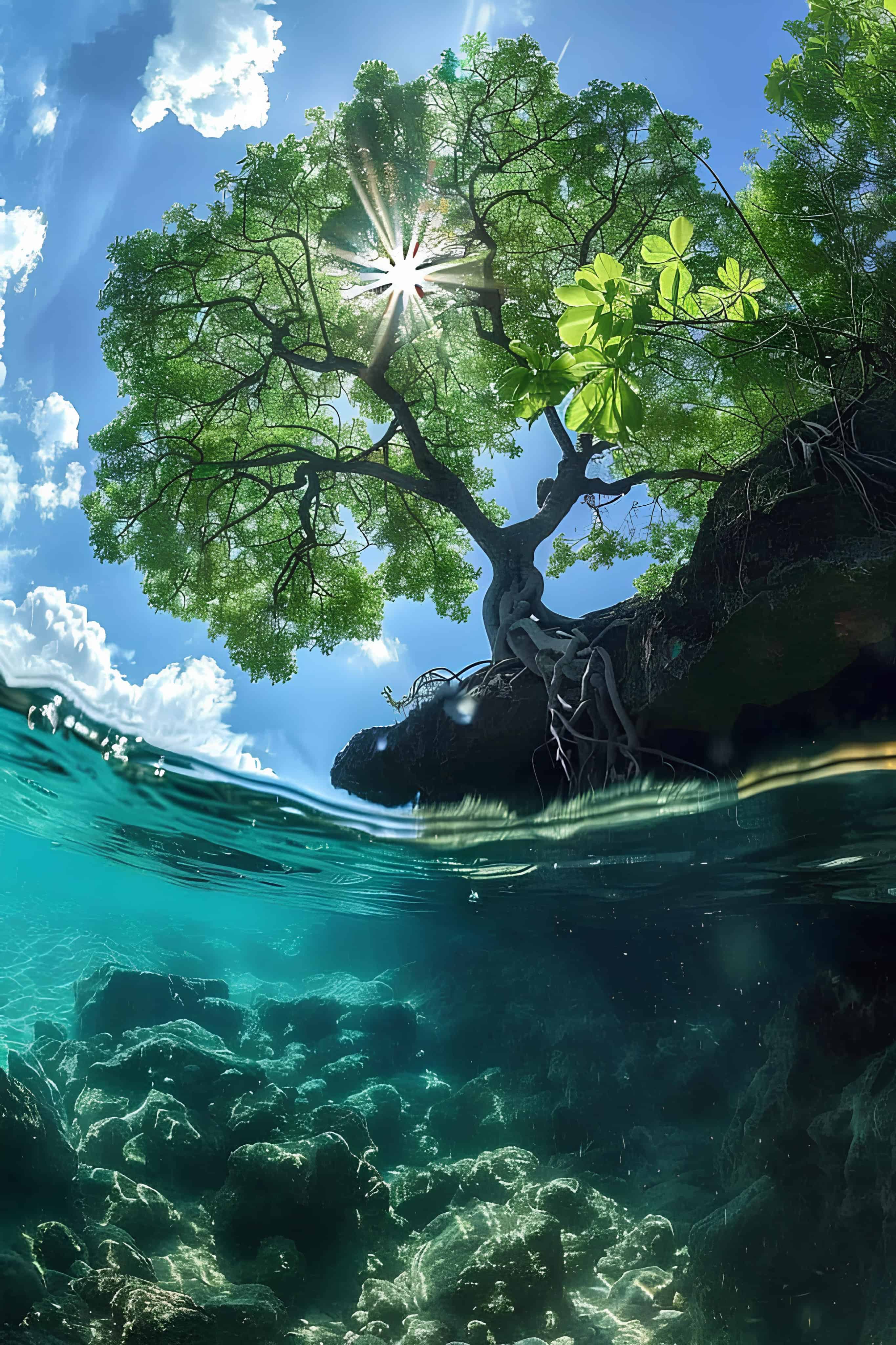 Split View Tropical Tree Overwater Tropical tree above and coral reef below the waterline