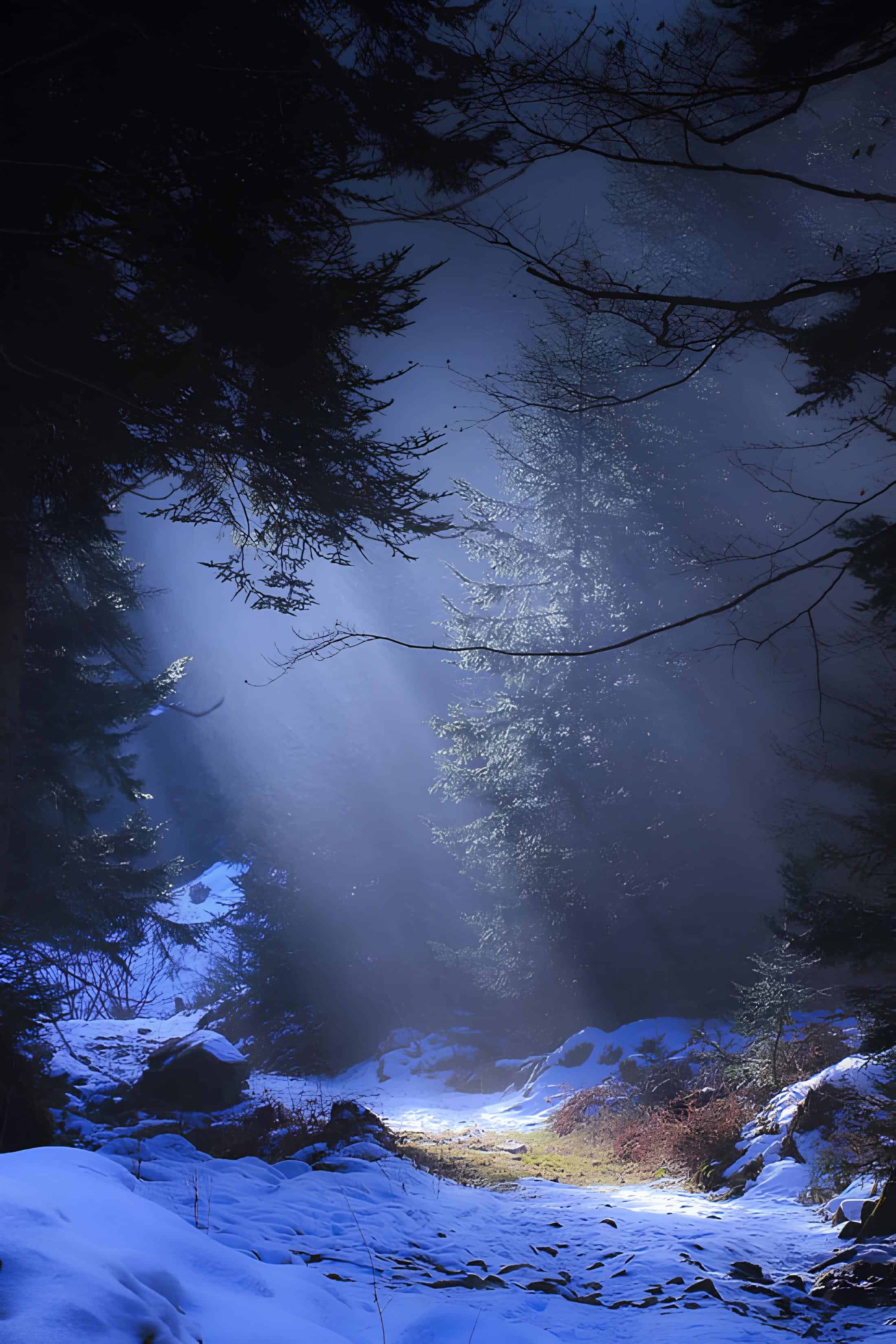 Sunbeams in Snowy Forest Path Light rays shining on snow-covered ground between tall pines