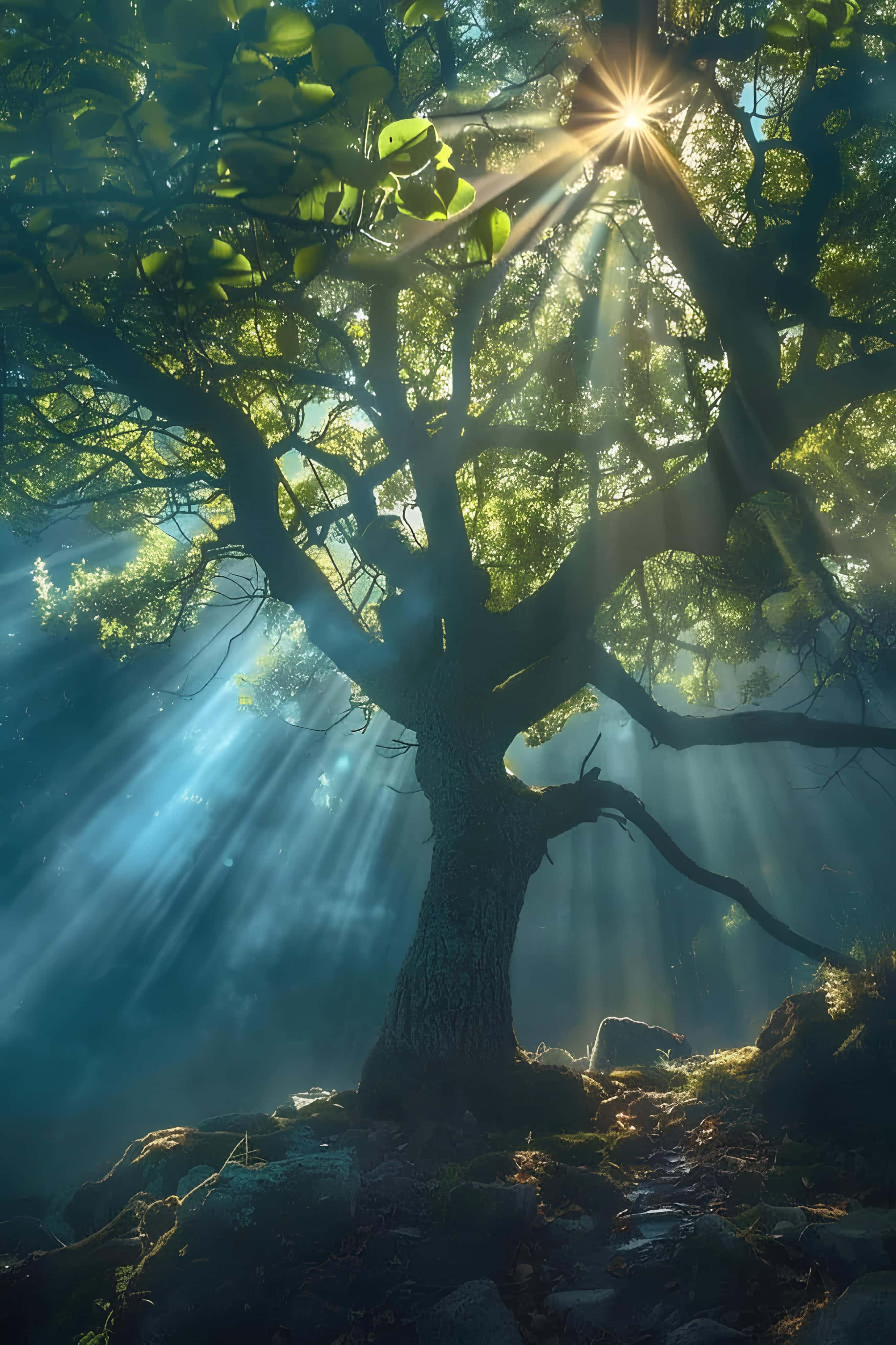 Sunbeams Through Green Canopy Sunlight breaking through thick green foliage in a forest
