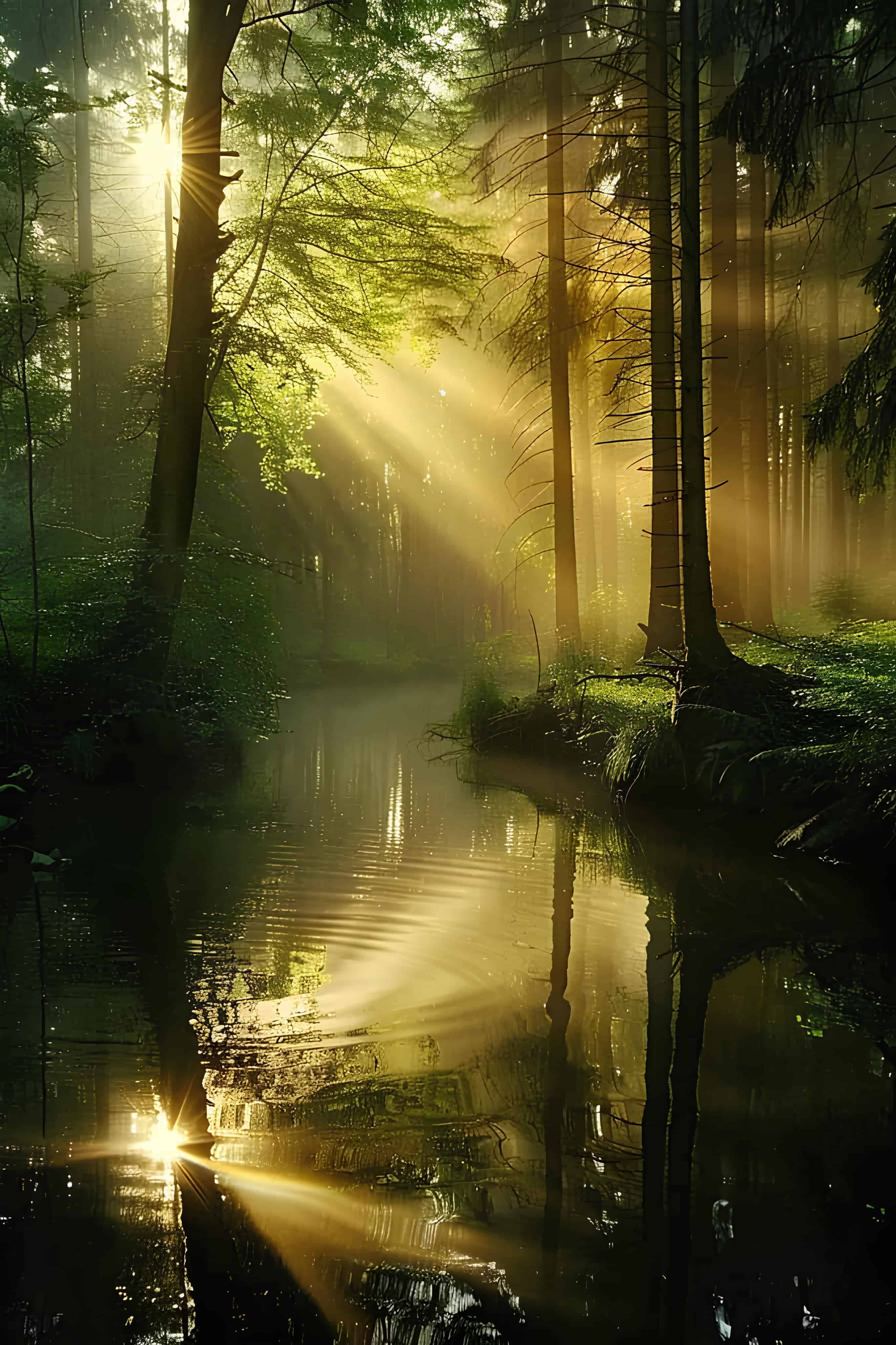 Sunlight in Misty Forest Stream Sun rays casting golden light across a forest stream