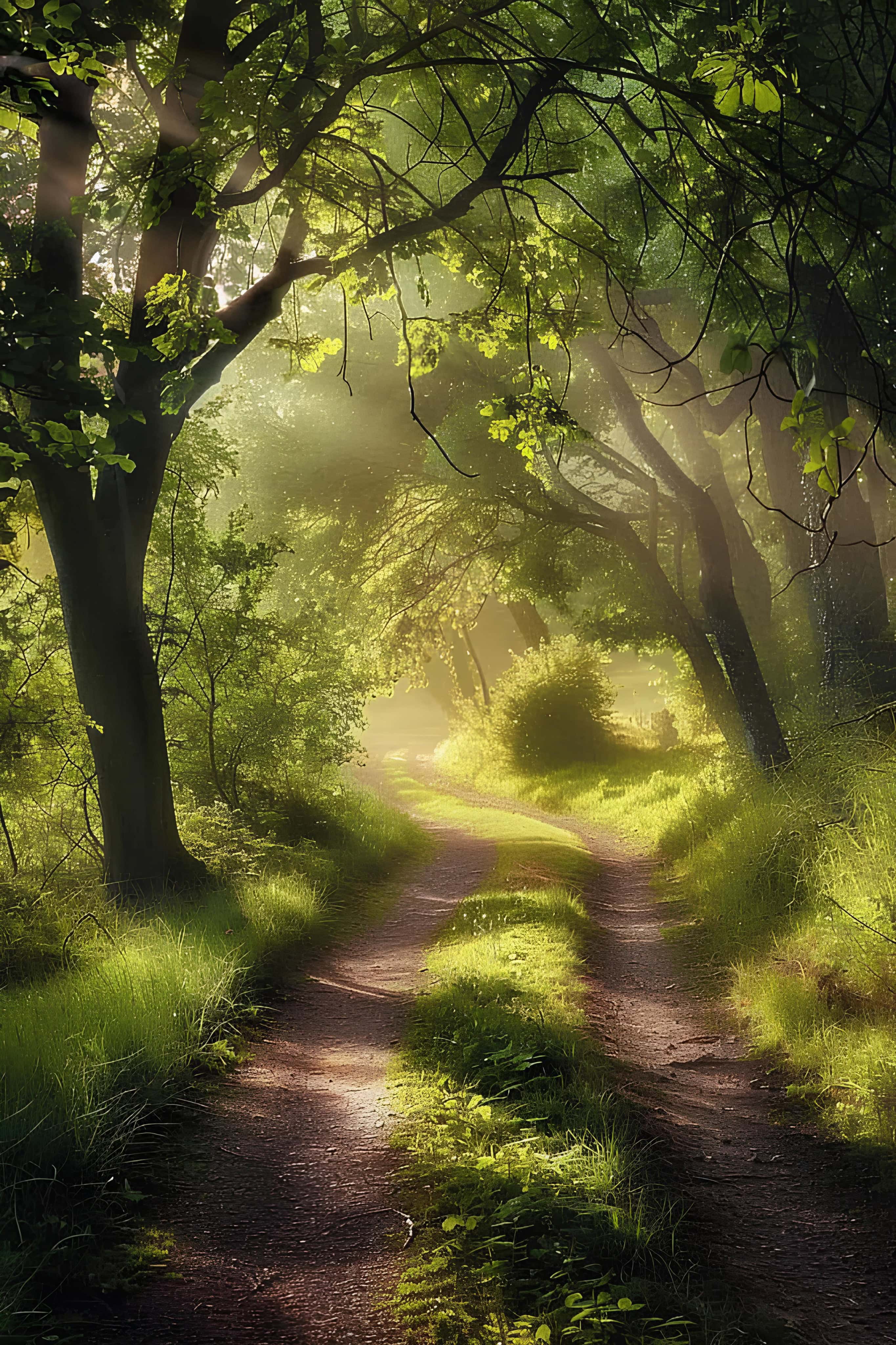 Sunlit Forest Path Through Trees Dirt path winding through a sunlit forest of glowing green