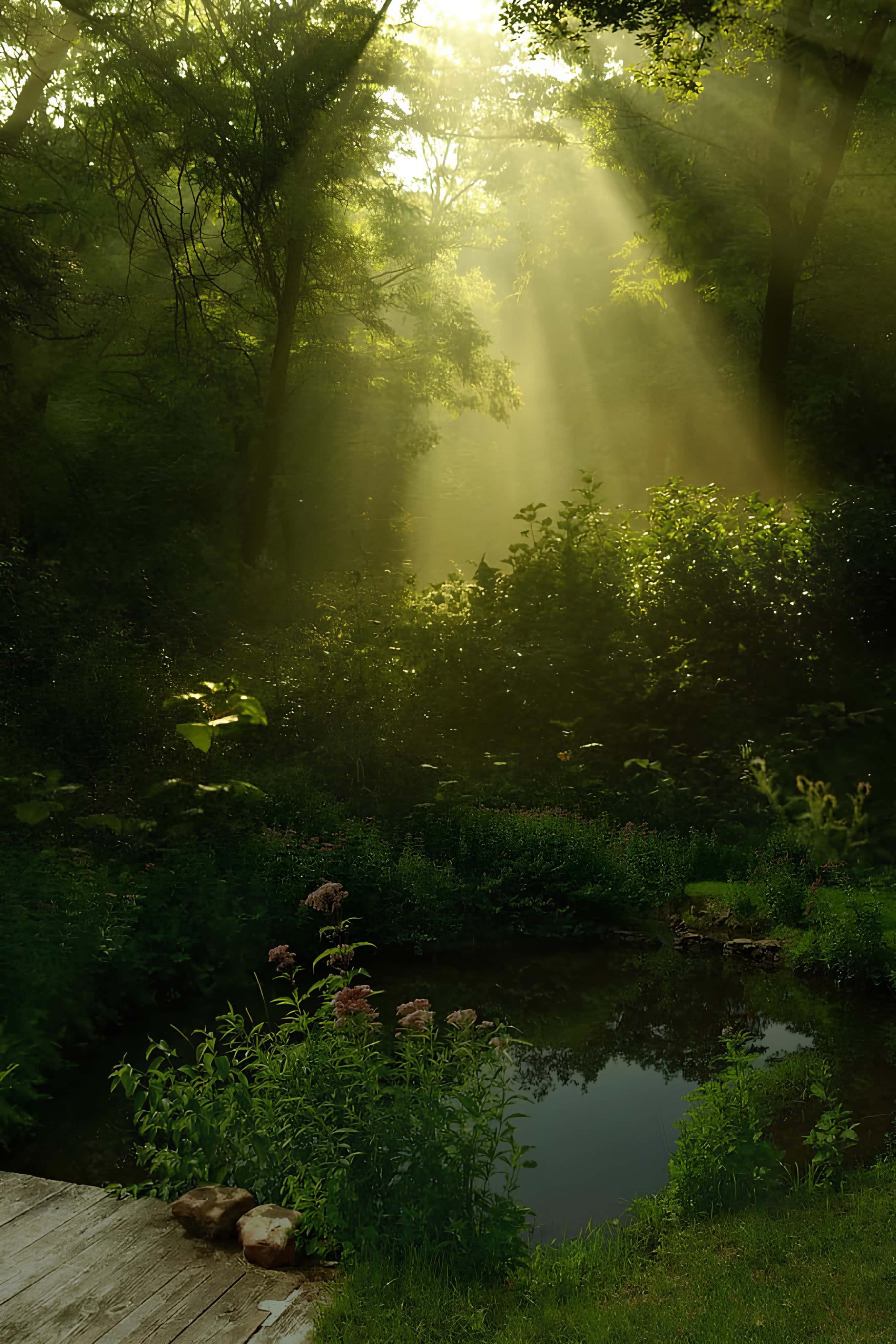 Sunrays Through Forest Glade Golden sunbeams shining through trees onto a forest garden pond