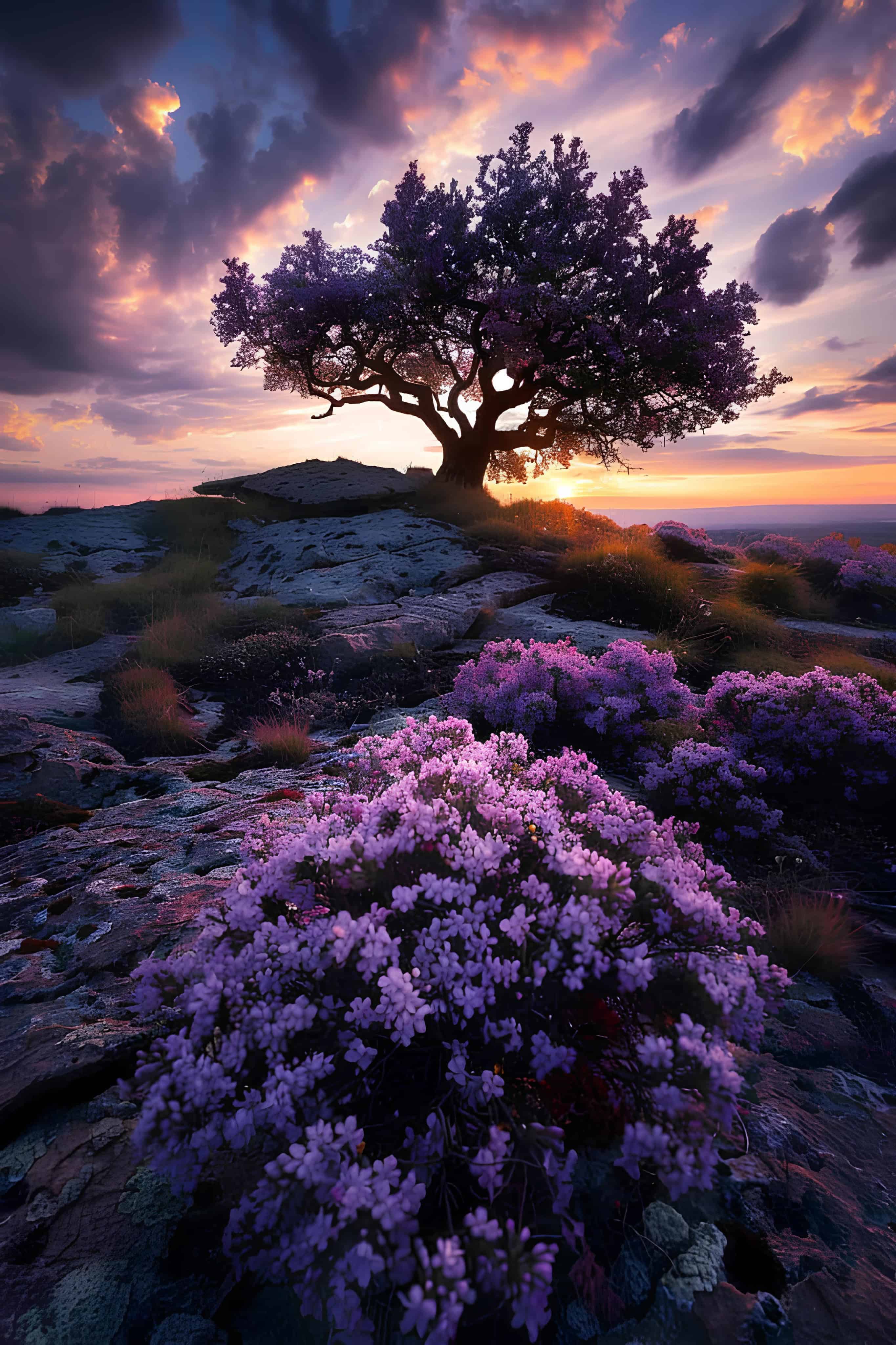 Sunset Purple Blossoms Tree Tree on rocky hill glowing under purple blossoms at sunset