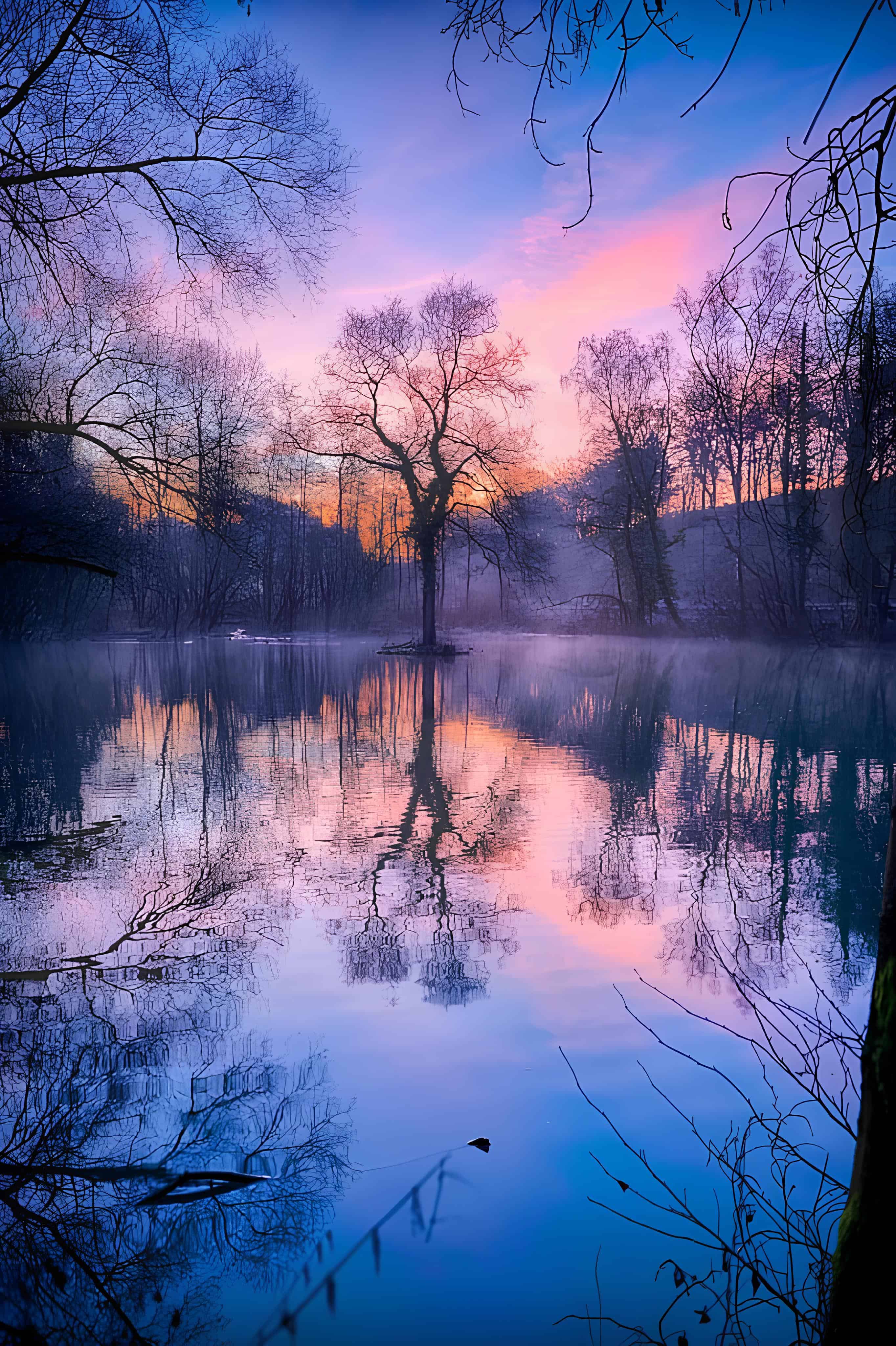 Sunset Reflection Over Misty Lake Vibrant pink and orange sunset reflected in a peaceful forest lake