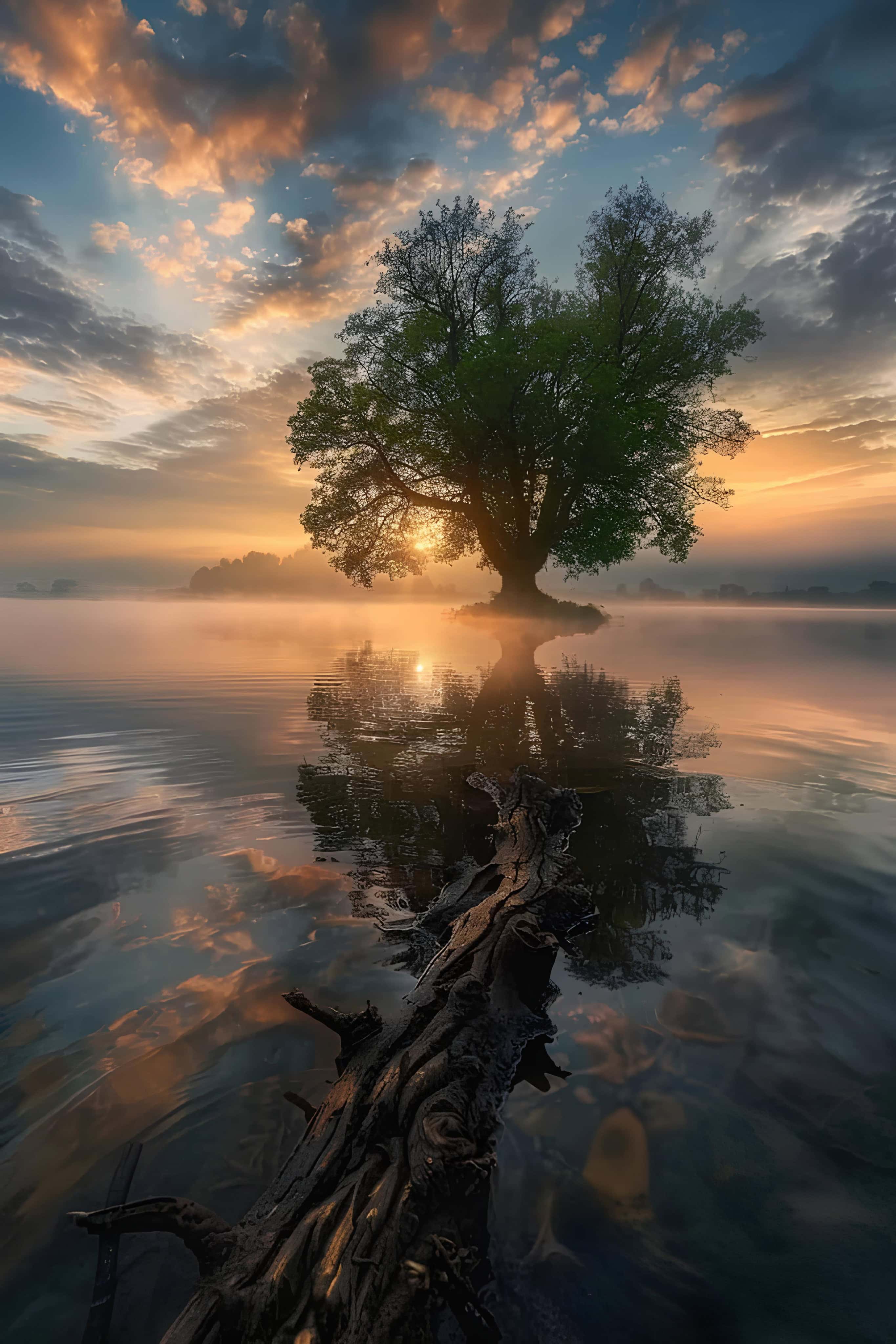 Sunset Tree Reflection Lake Large tree reflecting on calm lake during sunset
