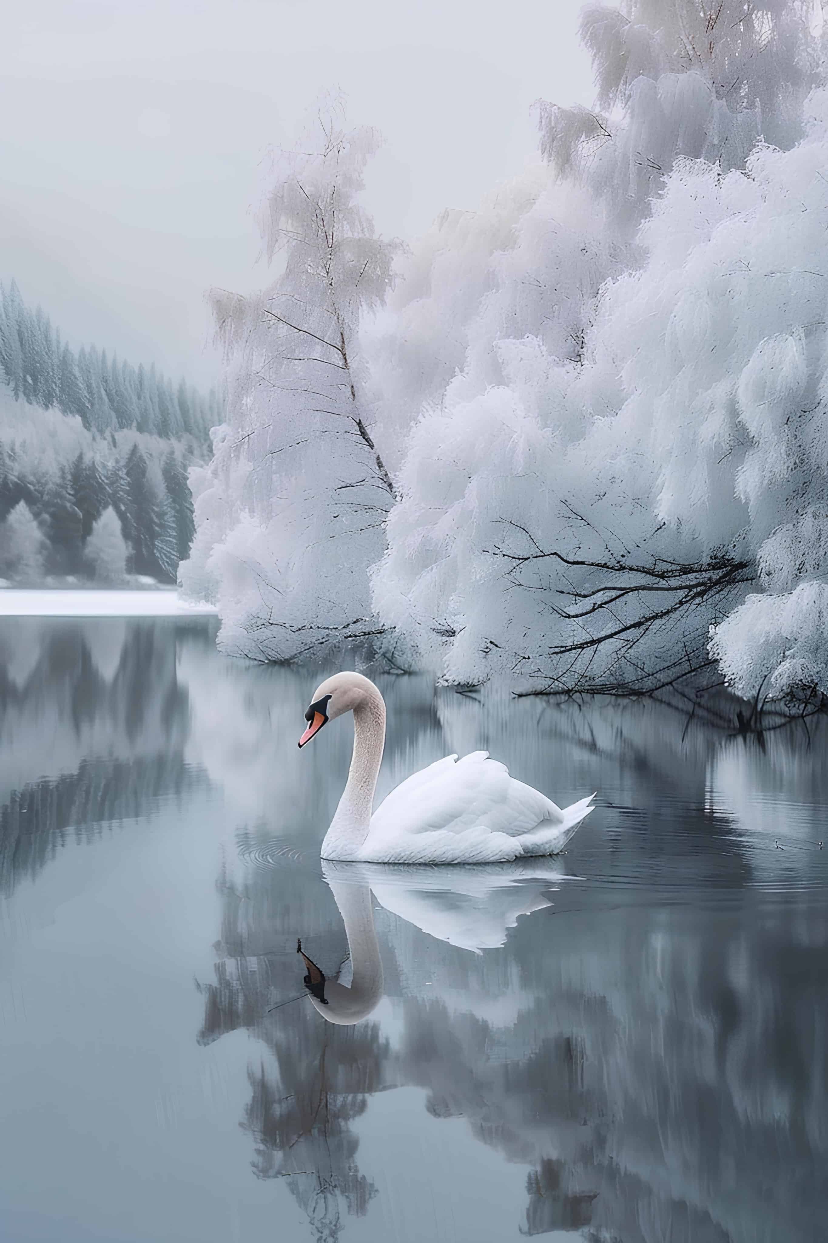 Swan Floating in Frosty Lake Elegant swan gliding over a still, snowy lake surface