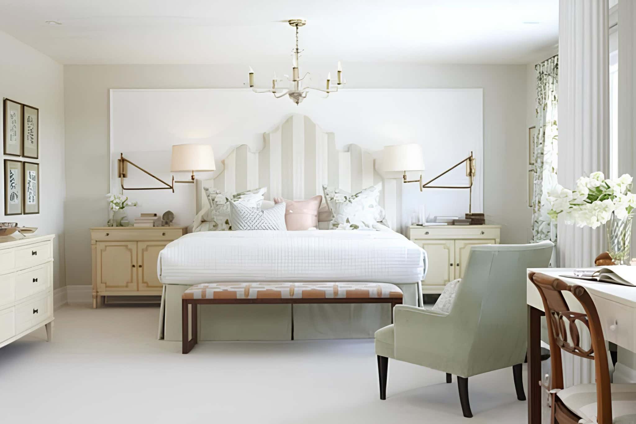 Transitional White Bedroom with Striped Headboard Transitional bedroom with striped headboard, twin lamps and elegant decor