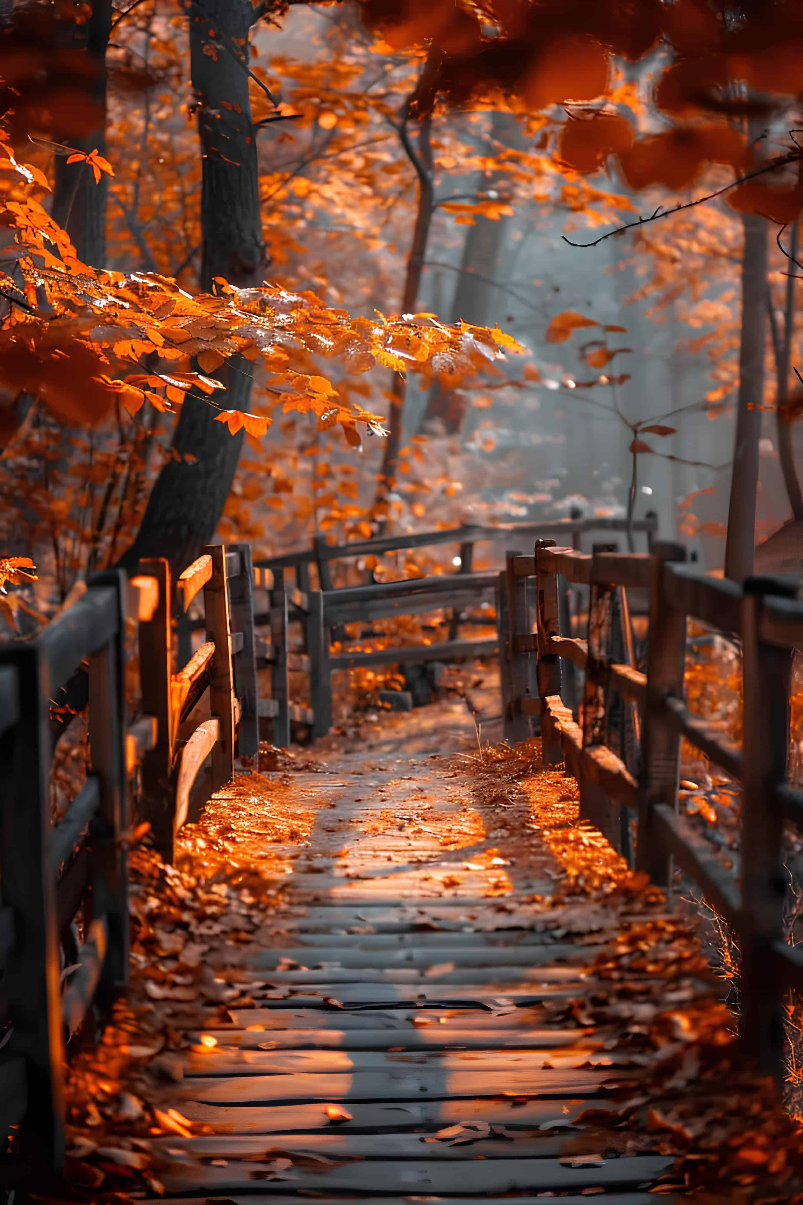 Wooden Bridge in Orange Forest Charming wooden path covered with fallen autumn leaves