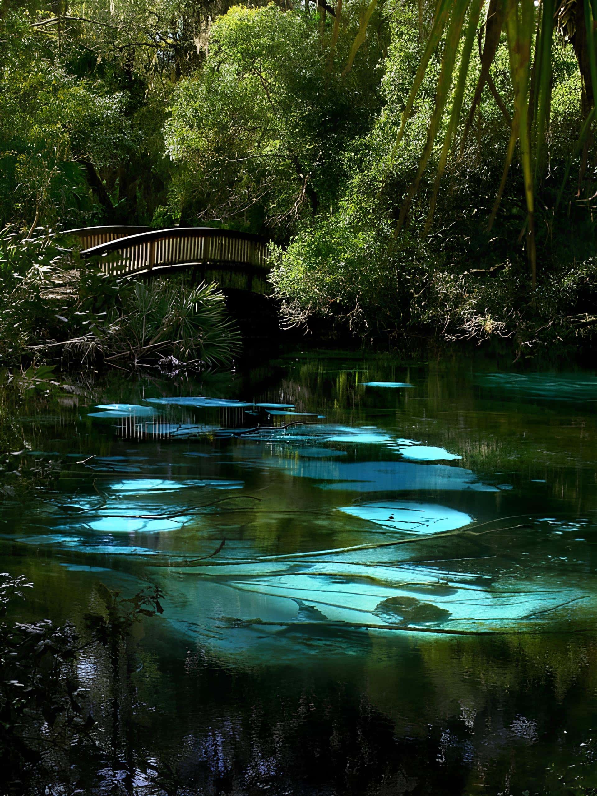Wooden Bridge Over Crystal Spring Wooden footbridge arching over a vibrant turquoise spring in a dense forest