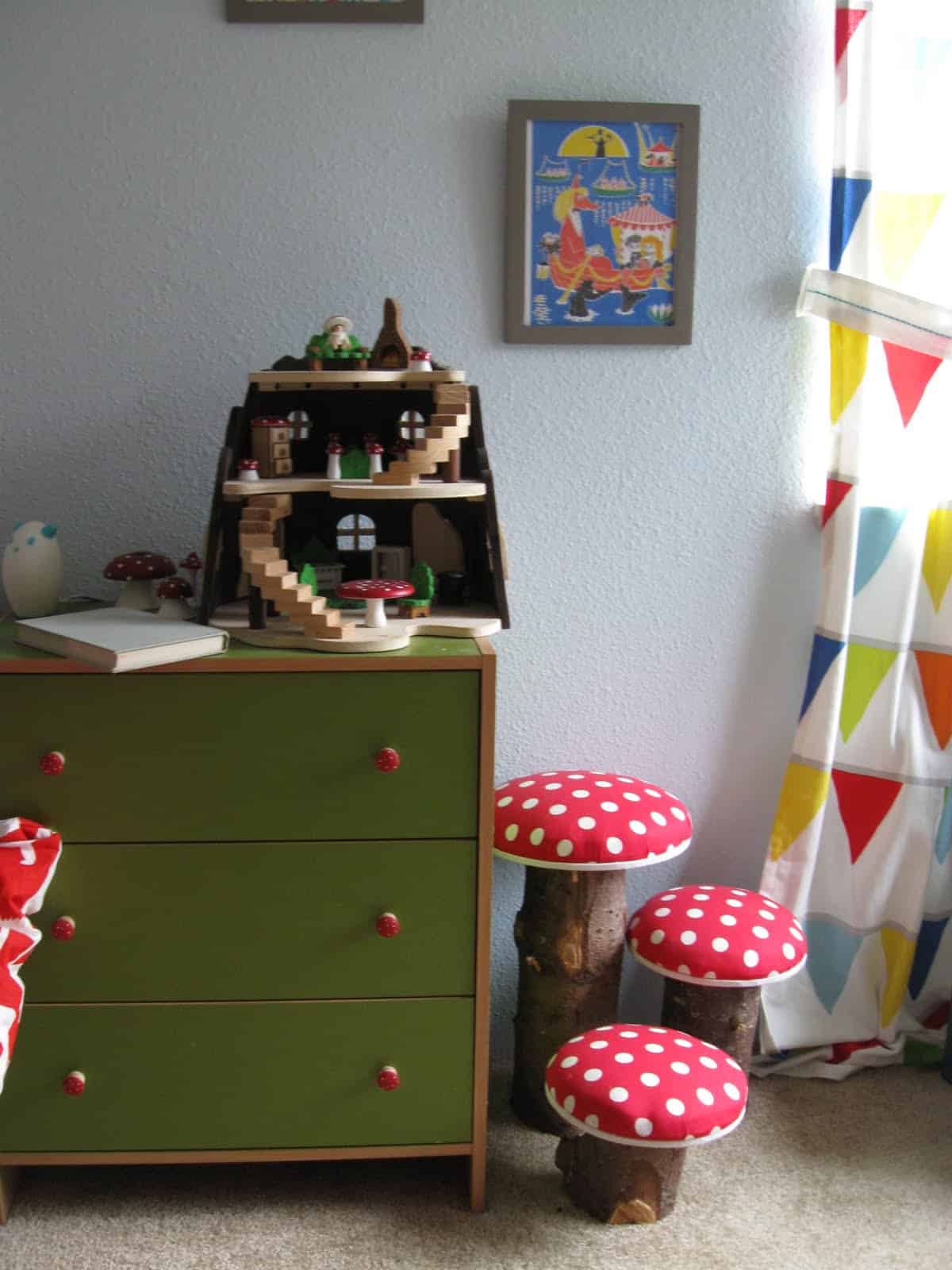 18. Make cute mushroom chairs out of wood and pillows. 18