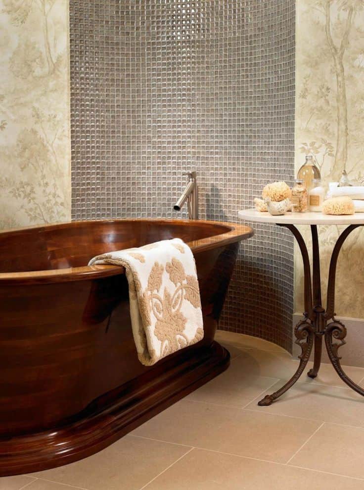 Wooden Bathtub Brown Tiles Brown Stone Floor
