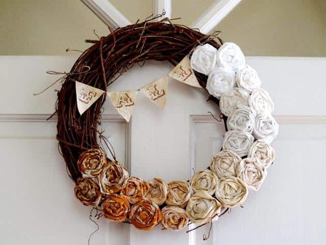 DIY wreath with layered orange and red leaves