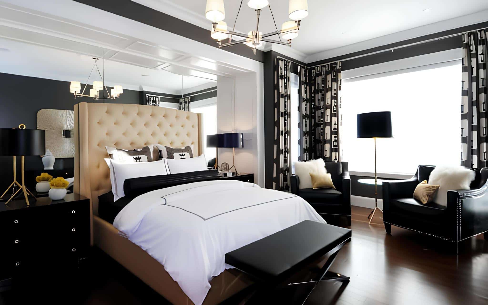 Bold bedroom with black and white contrast and gold accents
