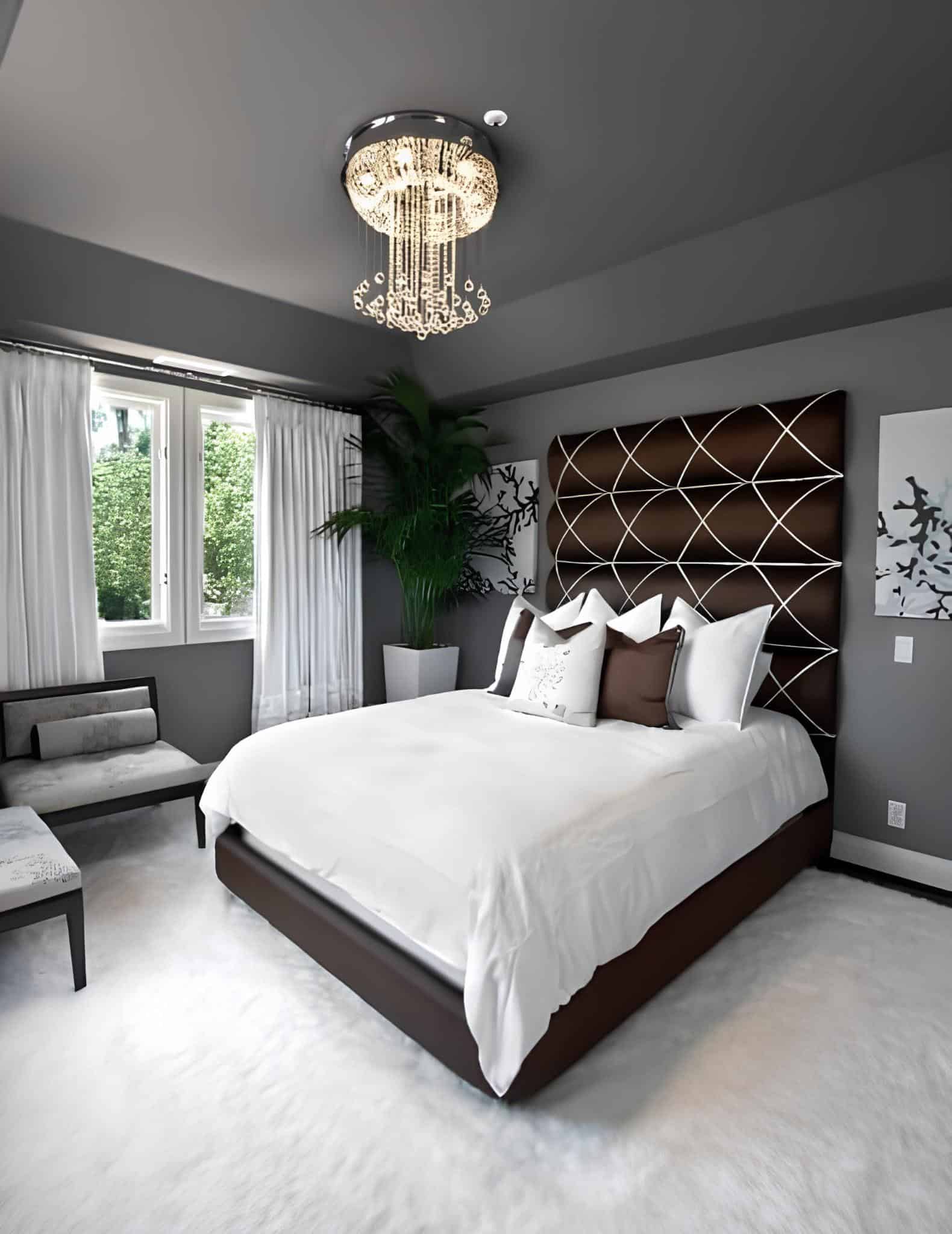 Gray bedroom with striking geometric headboard and chandelier