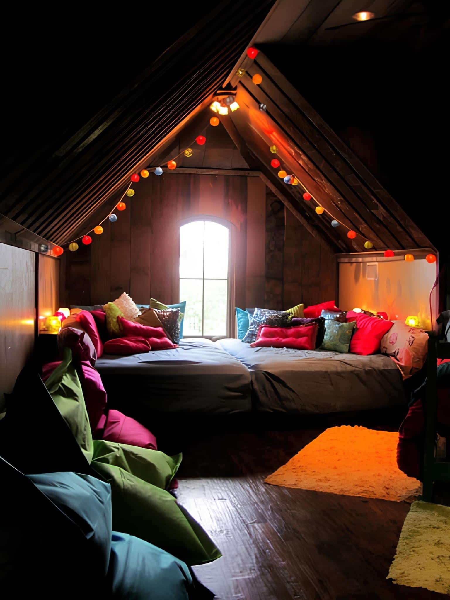 Attic-style loft bedroom with colorful pillows and festive string lights