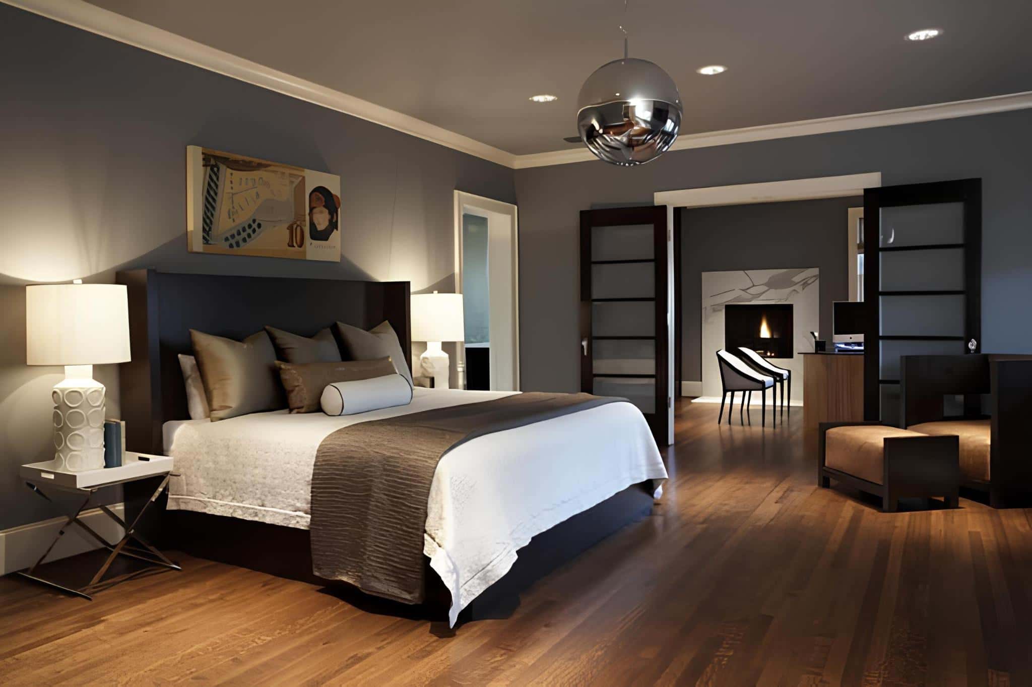 Modern dark gray bedroom with wood flooring and chrome pendant light