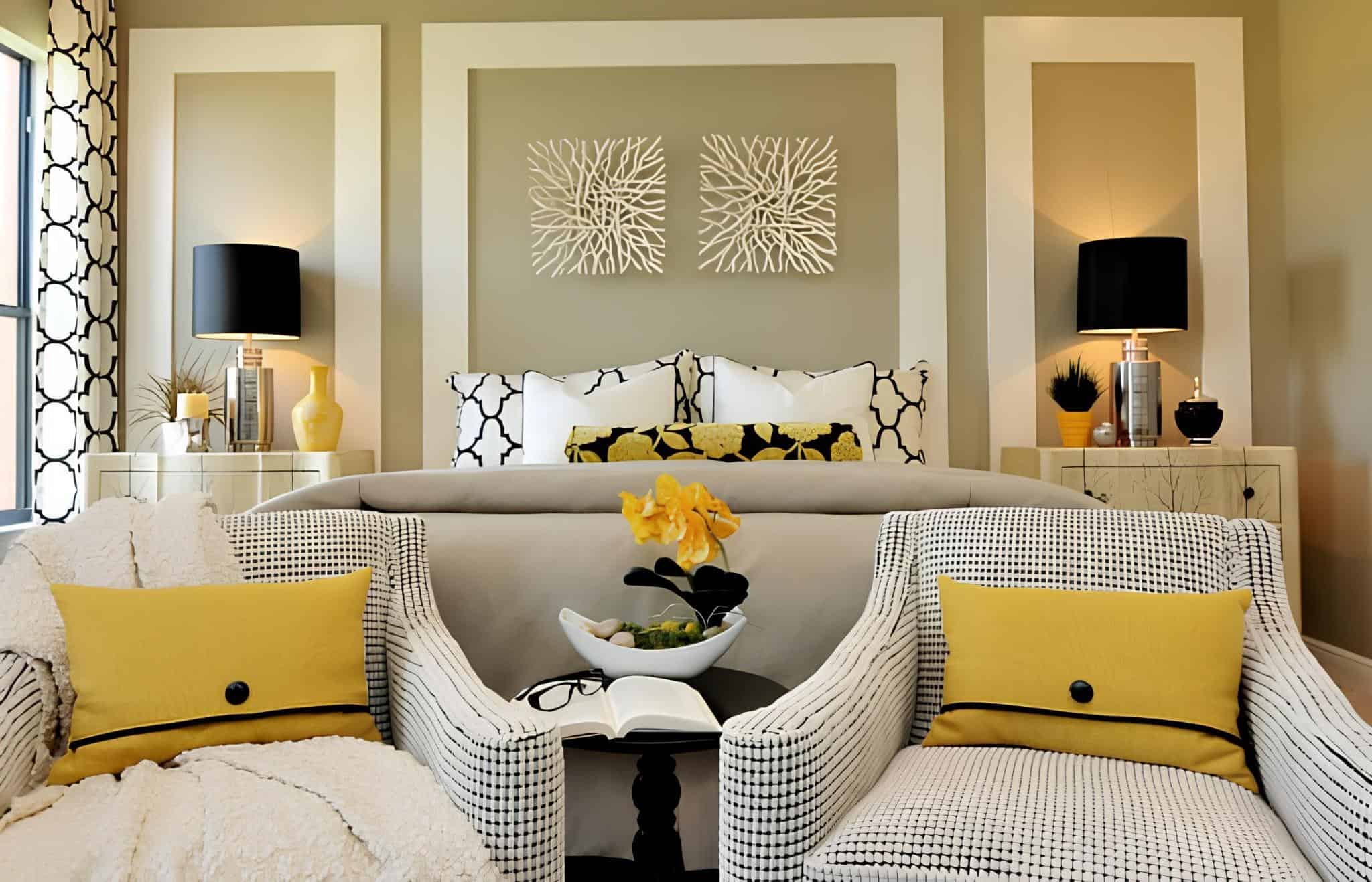 Stylish bedroom with patterned textiles and yellow highlights