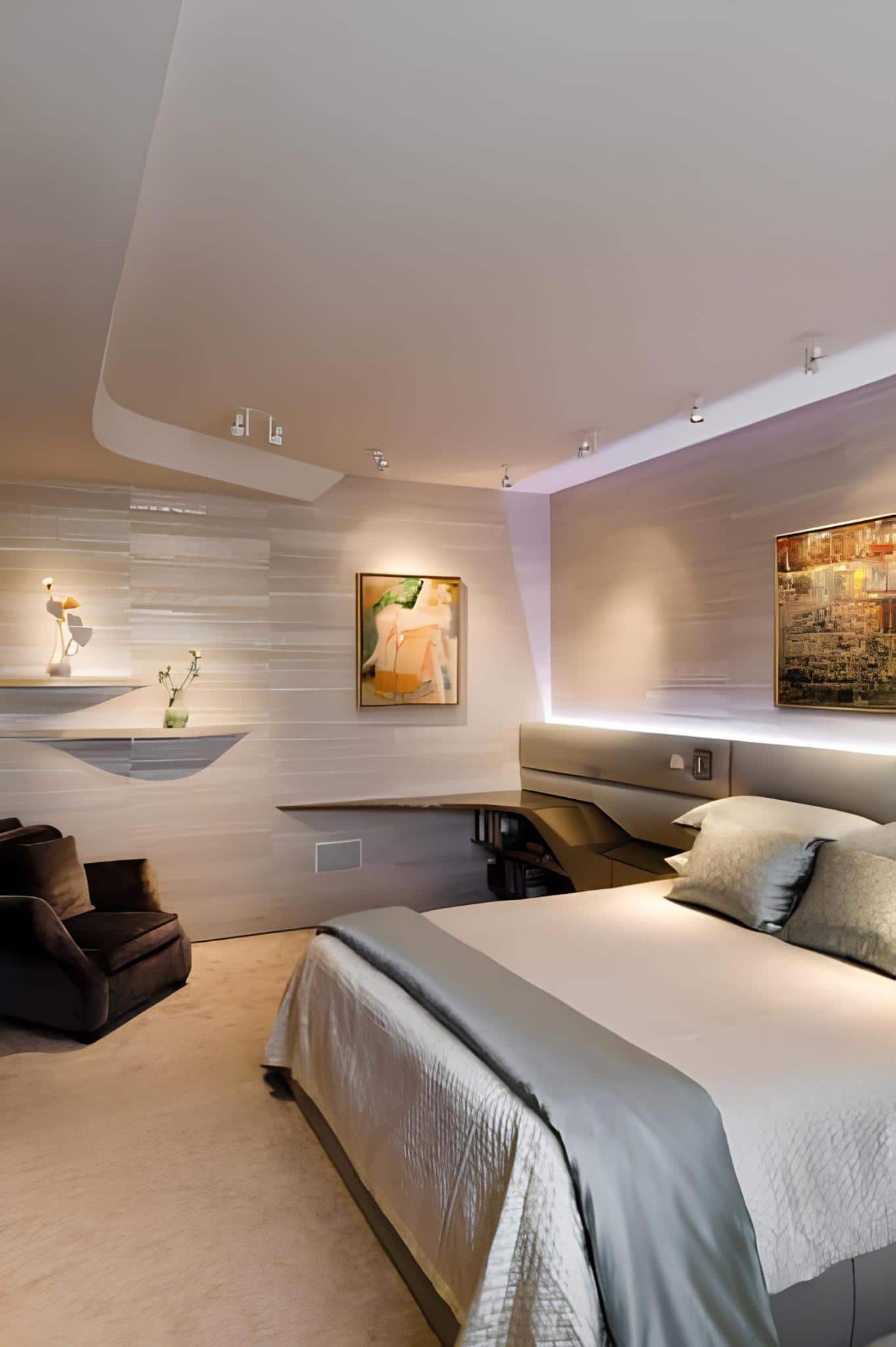 Contemporary bedroom with unique wall design and floating shelves