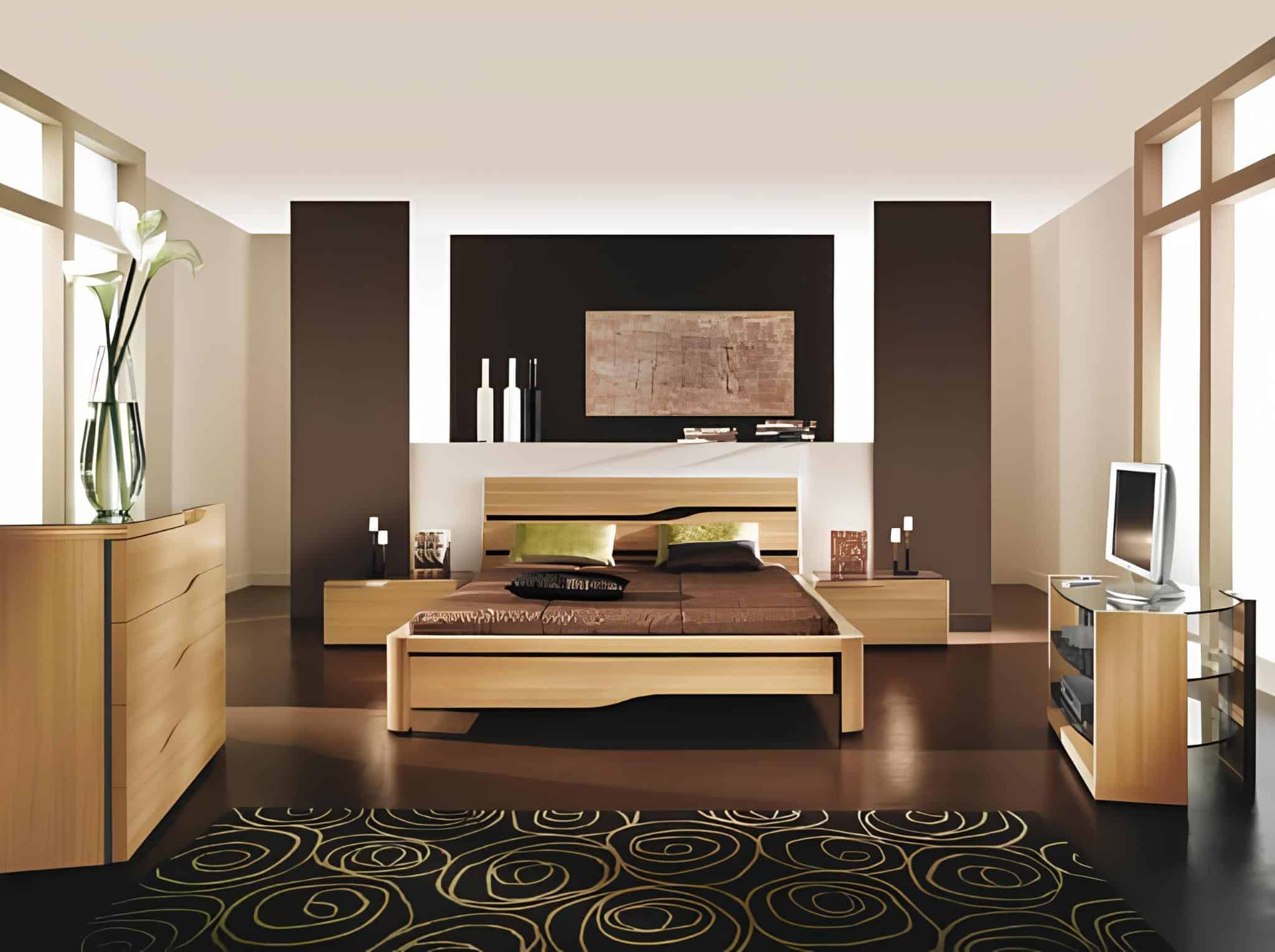 Modern wooden bedroom with minimalist black and green accents