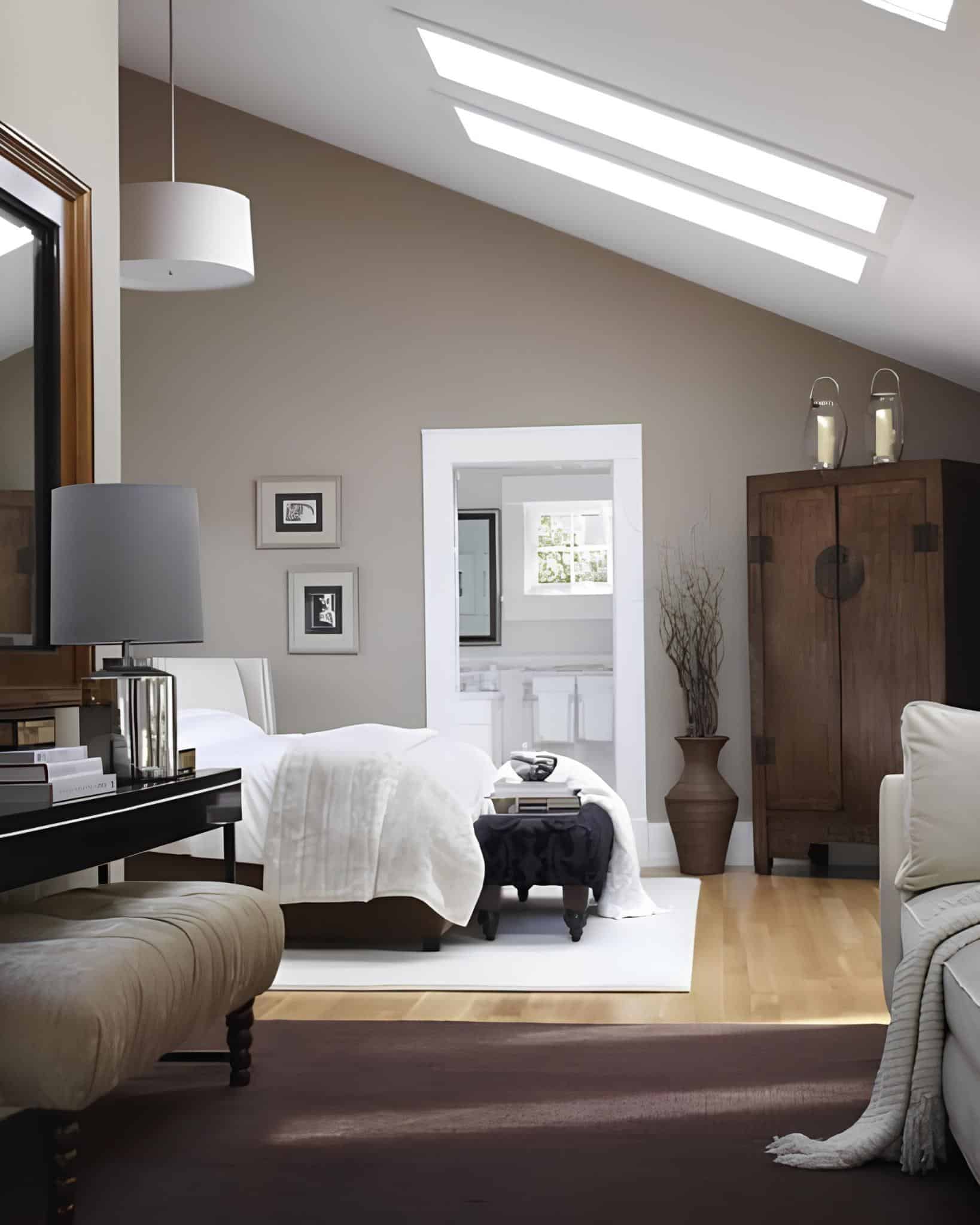 Bedroom with skylight ceiling, neutral walls, and elegant decor
