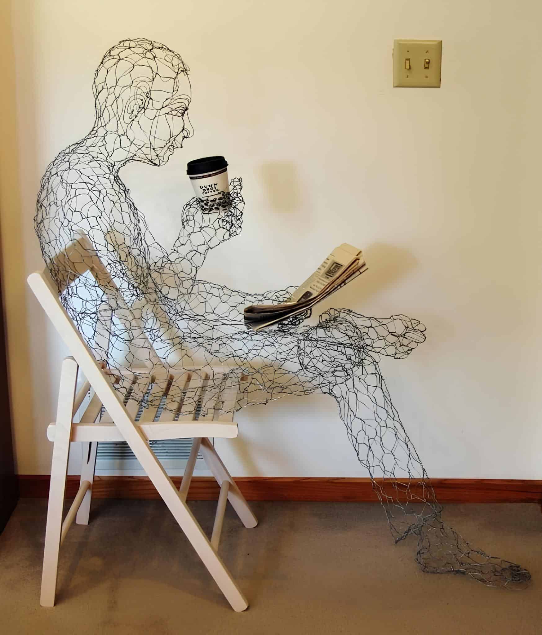 Wire Man Reading Coffee Newspaper Sculpture
