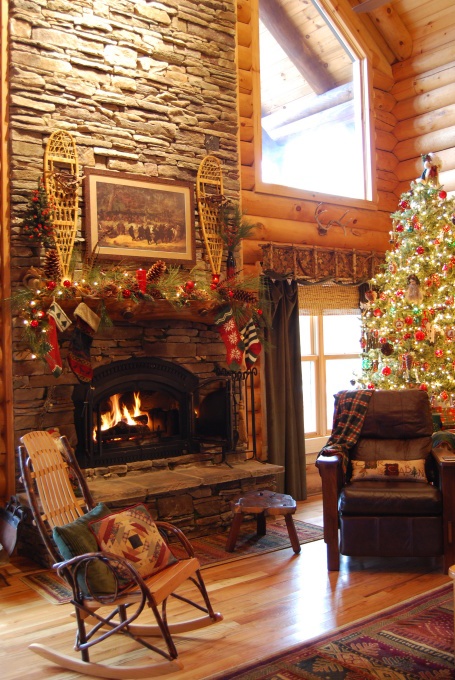 cabin log decorations decor fireplace decorating interior xmas architectureartdesigns holiday stone lights source visit rate