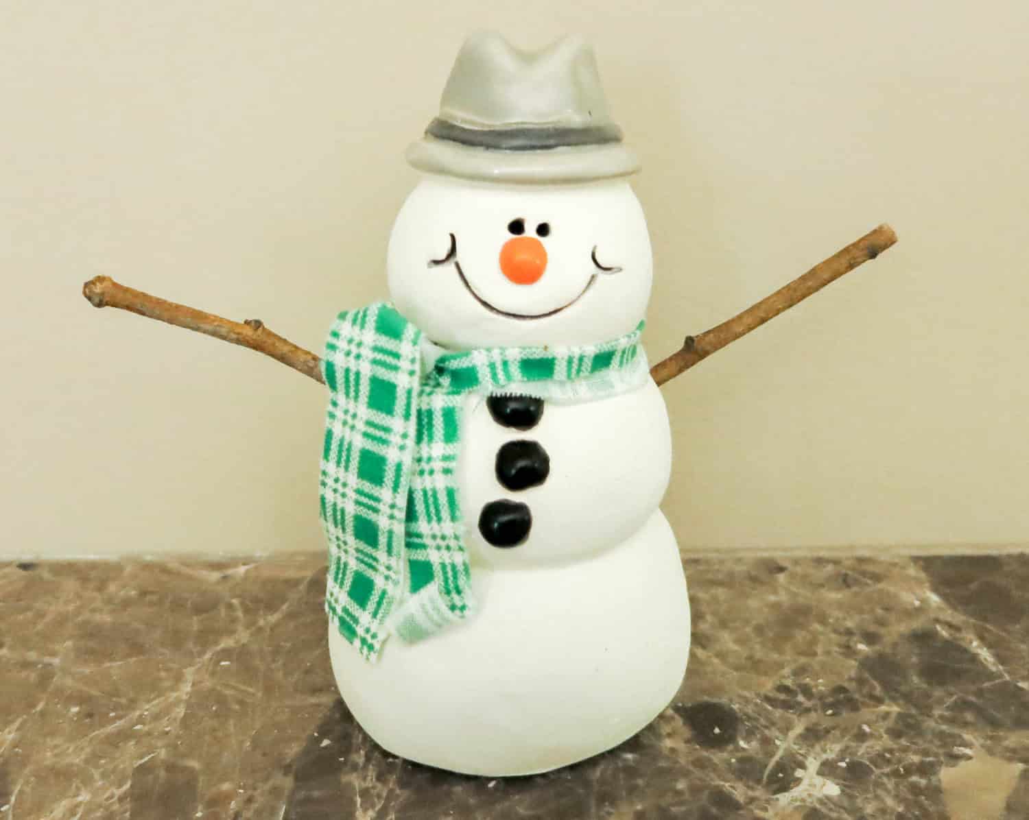 Vintage Snowman in Fedora with Real Stick Arms – Pottery Figurine by Artist Kristina 20 Charming Vintage Christmas Decorations (3)