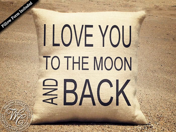 I Love You to the Moon and Back Burlap Pillow 17 Fascinating Handmade Valentine's Day Pillow Designs (13)