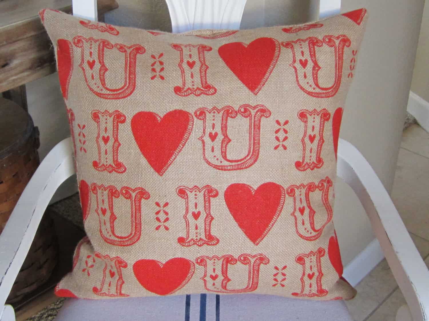 Burlap I Heart You LOVE Valentines Pillow Cover 17 Fascinating Handmade Valentine's Day Pillow Designs (7)