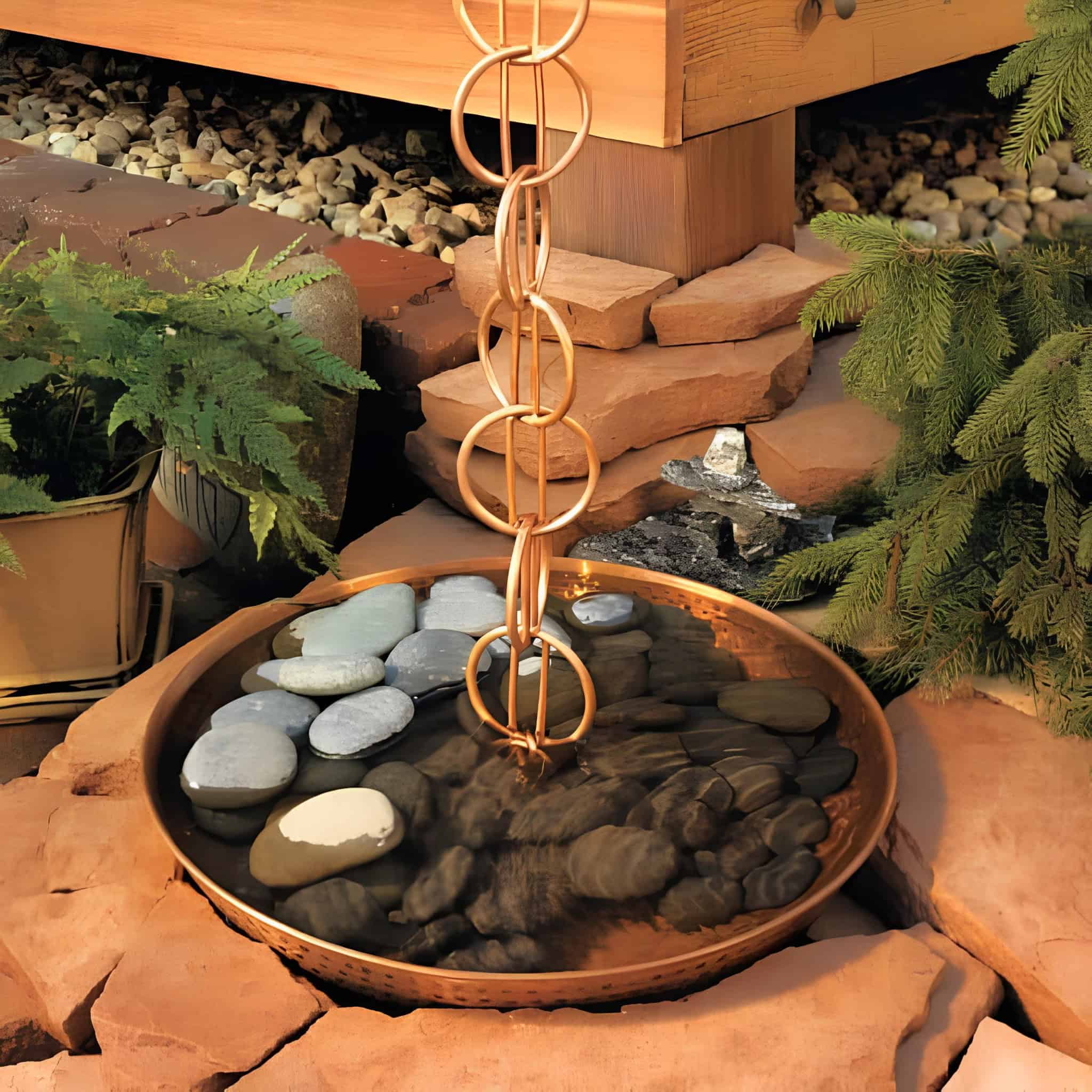 Copper ring rain chain draining into a shallow stone basin with river rocks