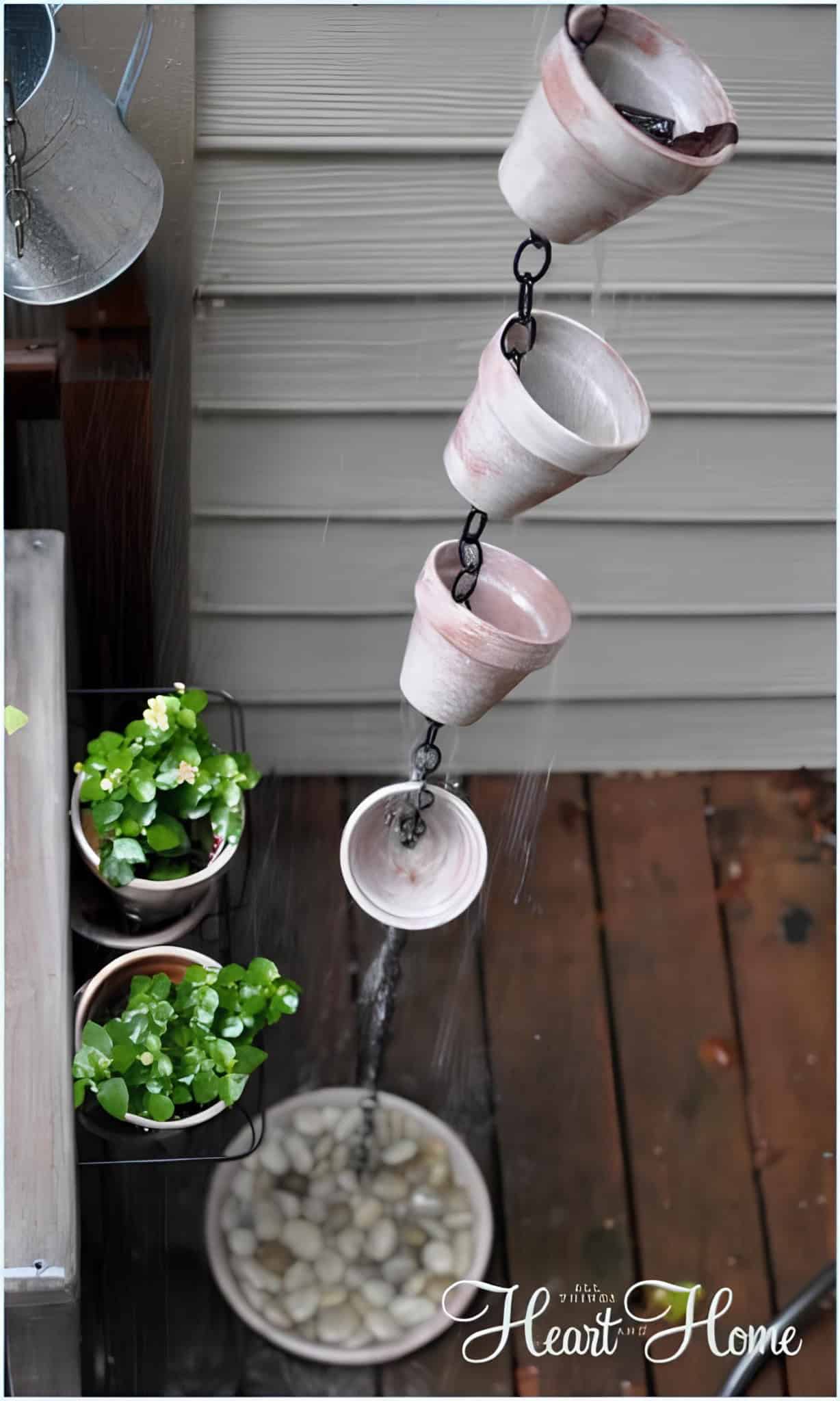 Stacked small flower pots forming a rain chain with plants nearby